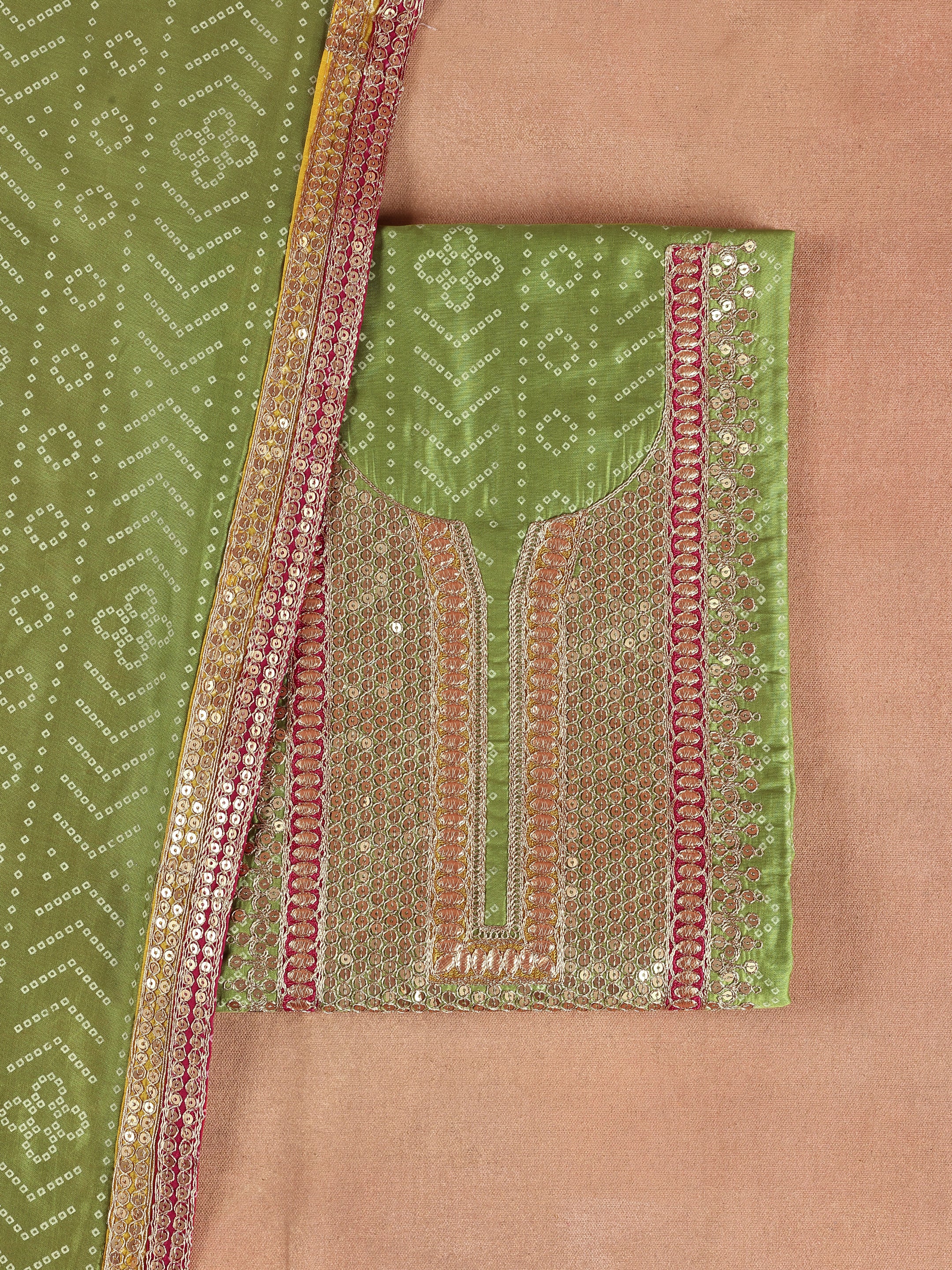 Green Embroidered Silk Blend Unstitched Suit Set