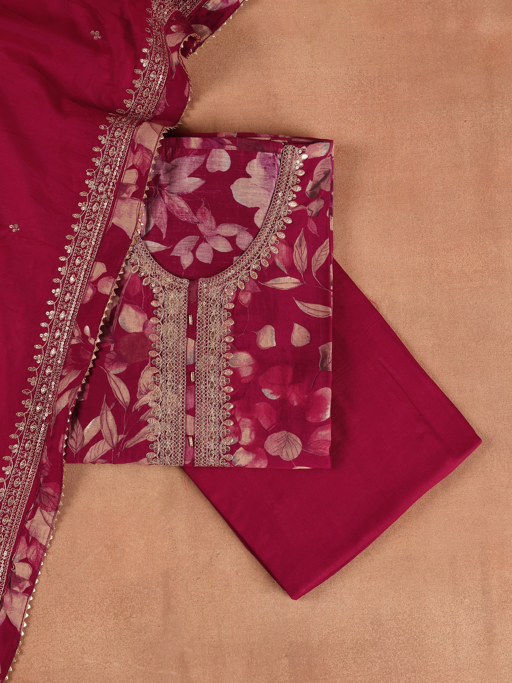 Maroon Printed Silk Blend Unstitched Suit Set