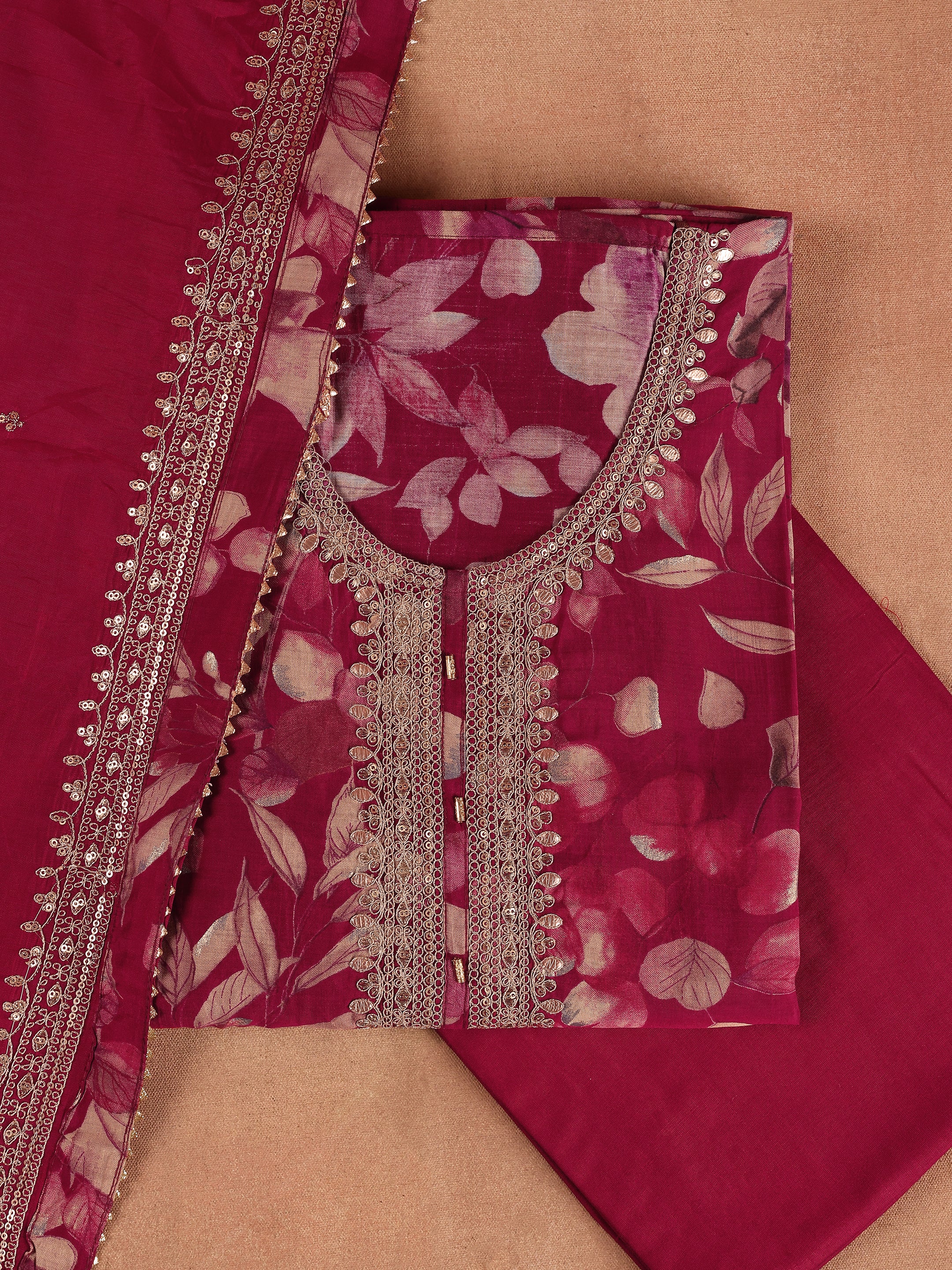 Maroon Printed Silk Blend Unstitched Suit Set