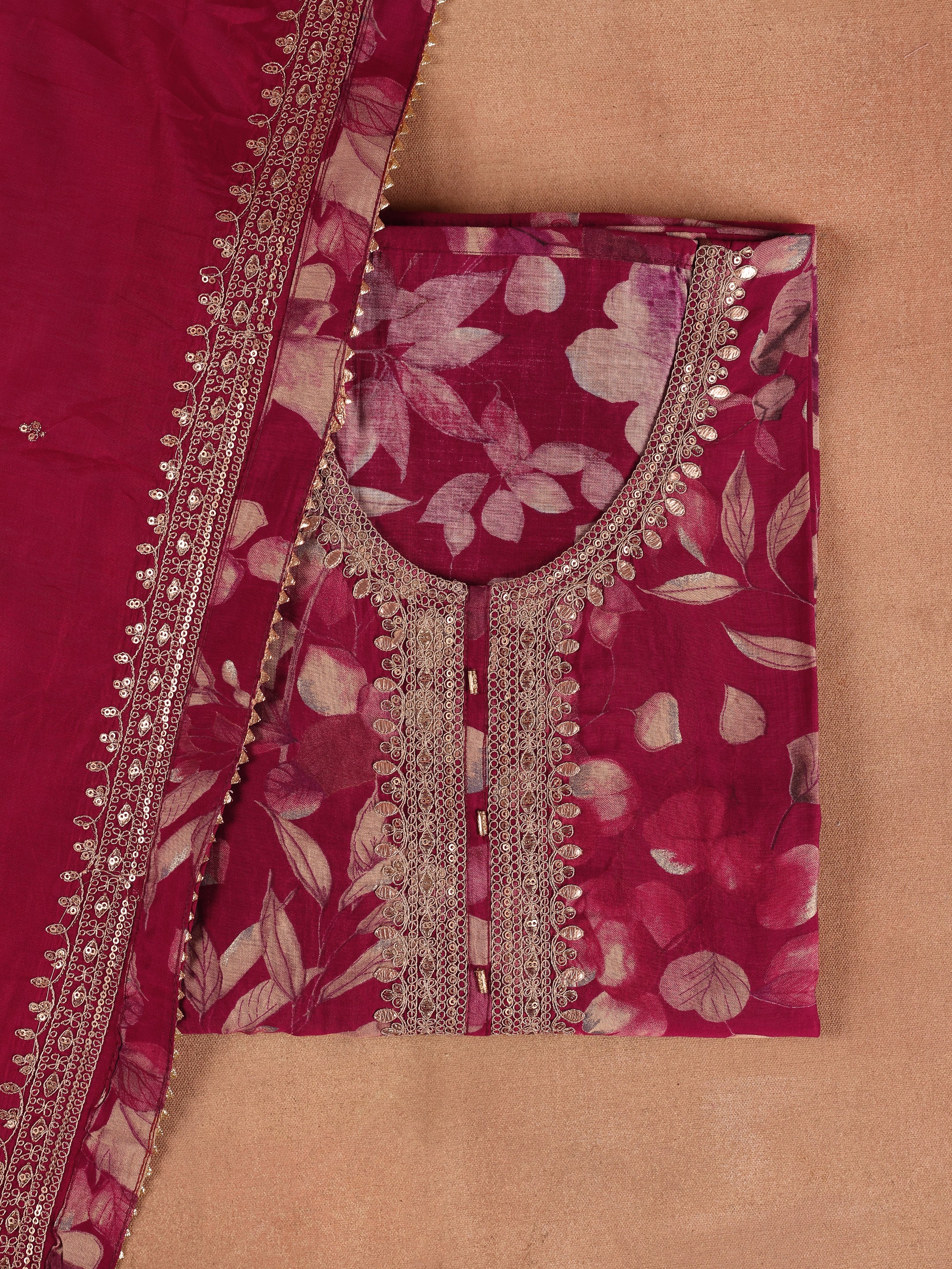 Maroon Printed Silk Blend Unstitched Suit Set