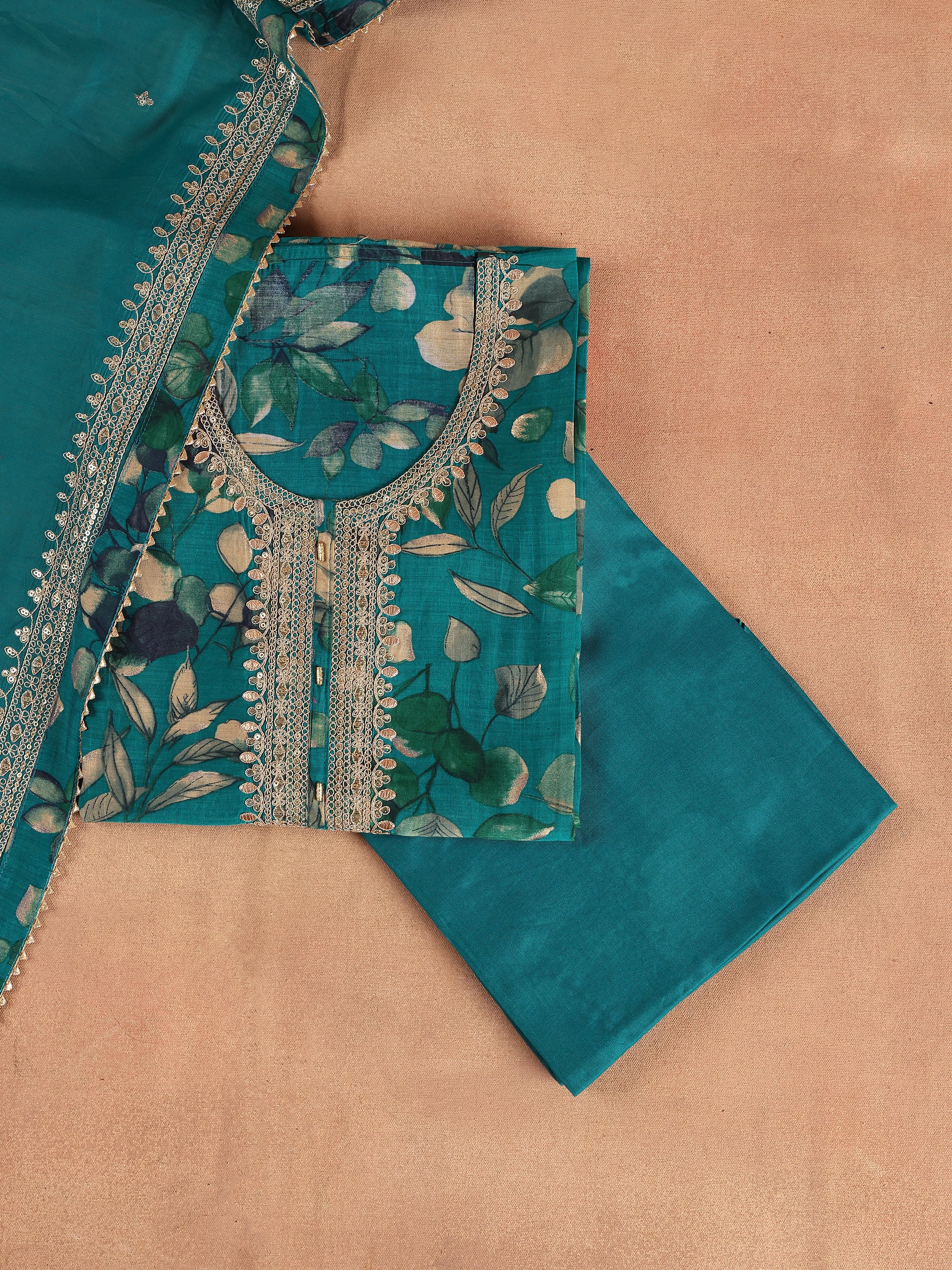 Teal Printed Silk Blend Unstitched Suit Set