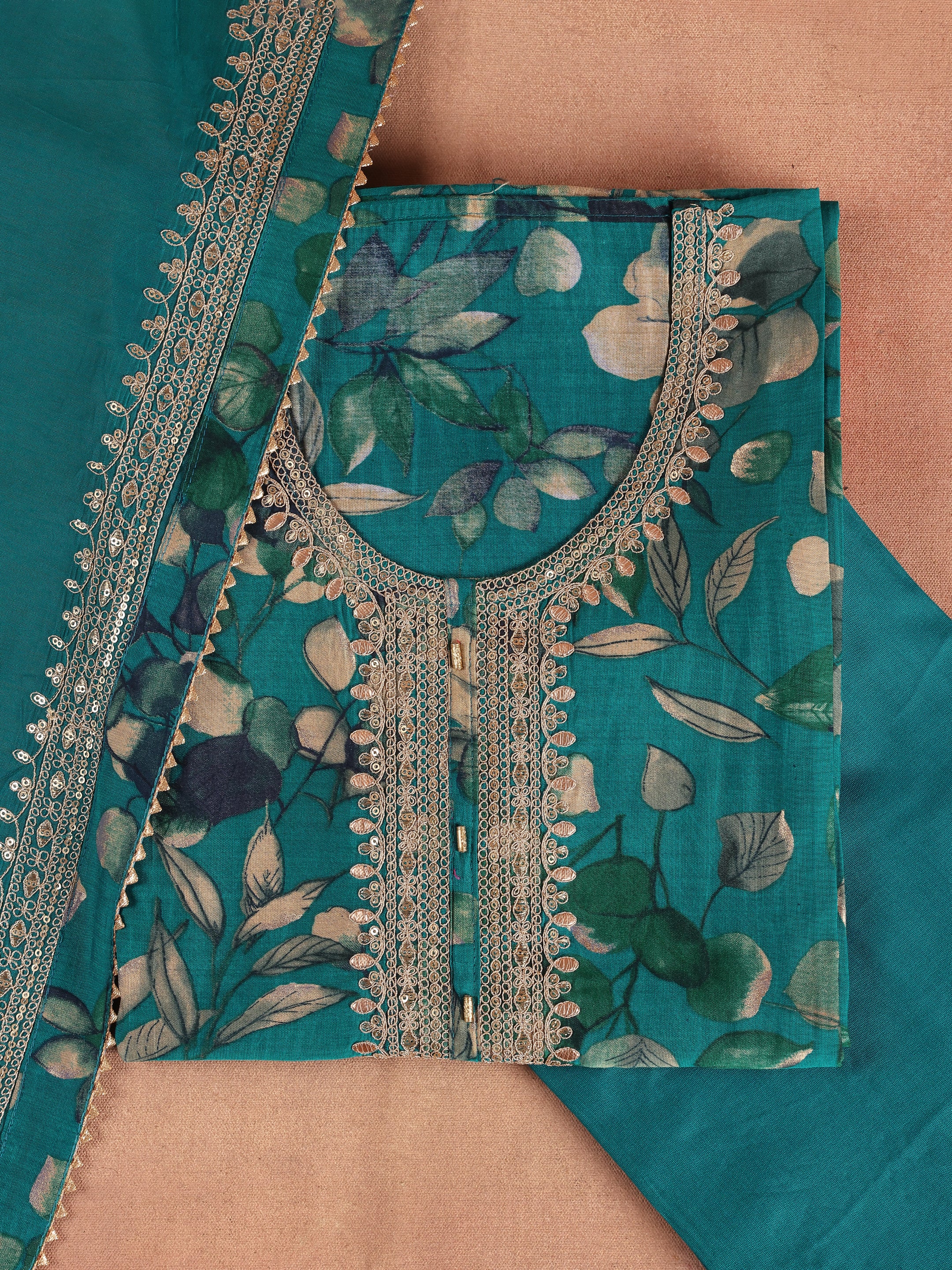 Teal Printed Silk Blend Unstitched Suit Set