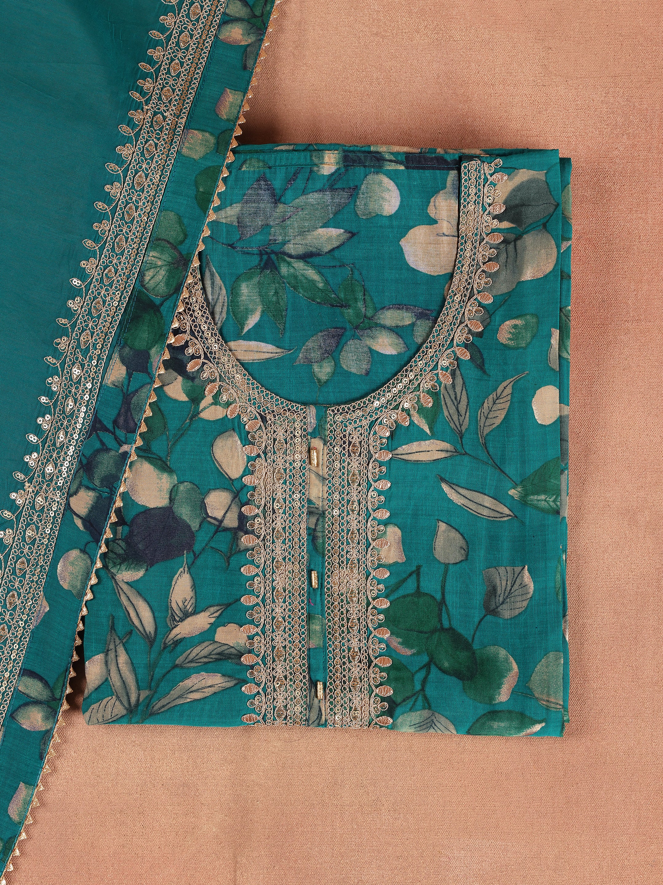 Teal Printed Silk Blend Unstitched Suit Set