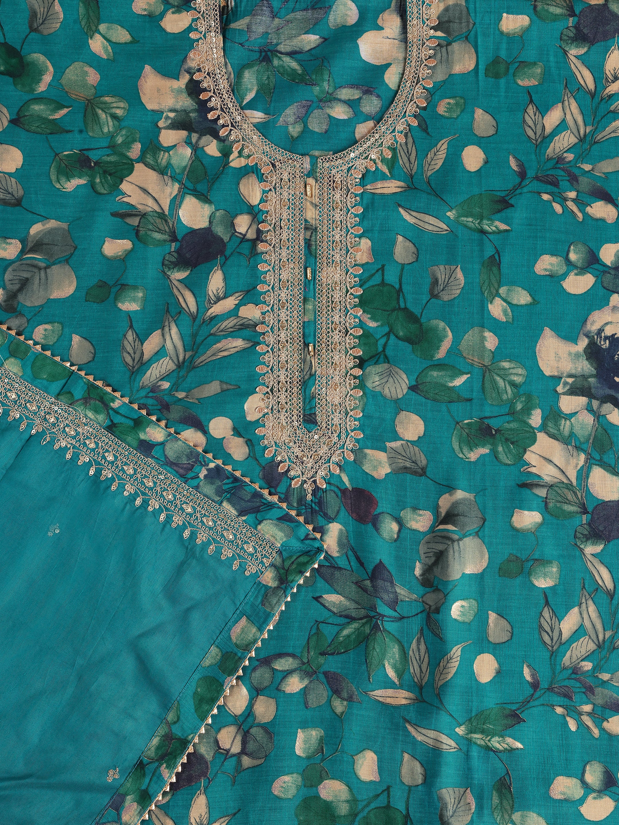 Teal Printed Silk Blend Unstitched Suit Set