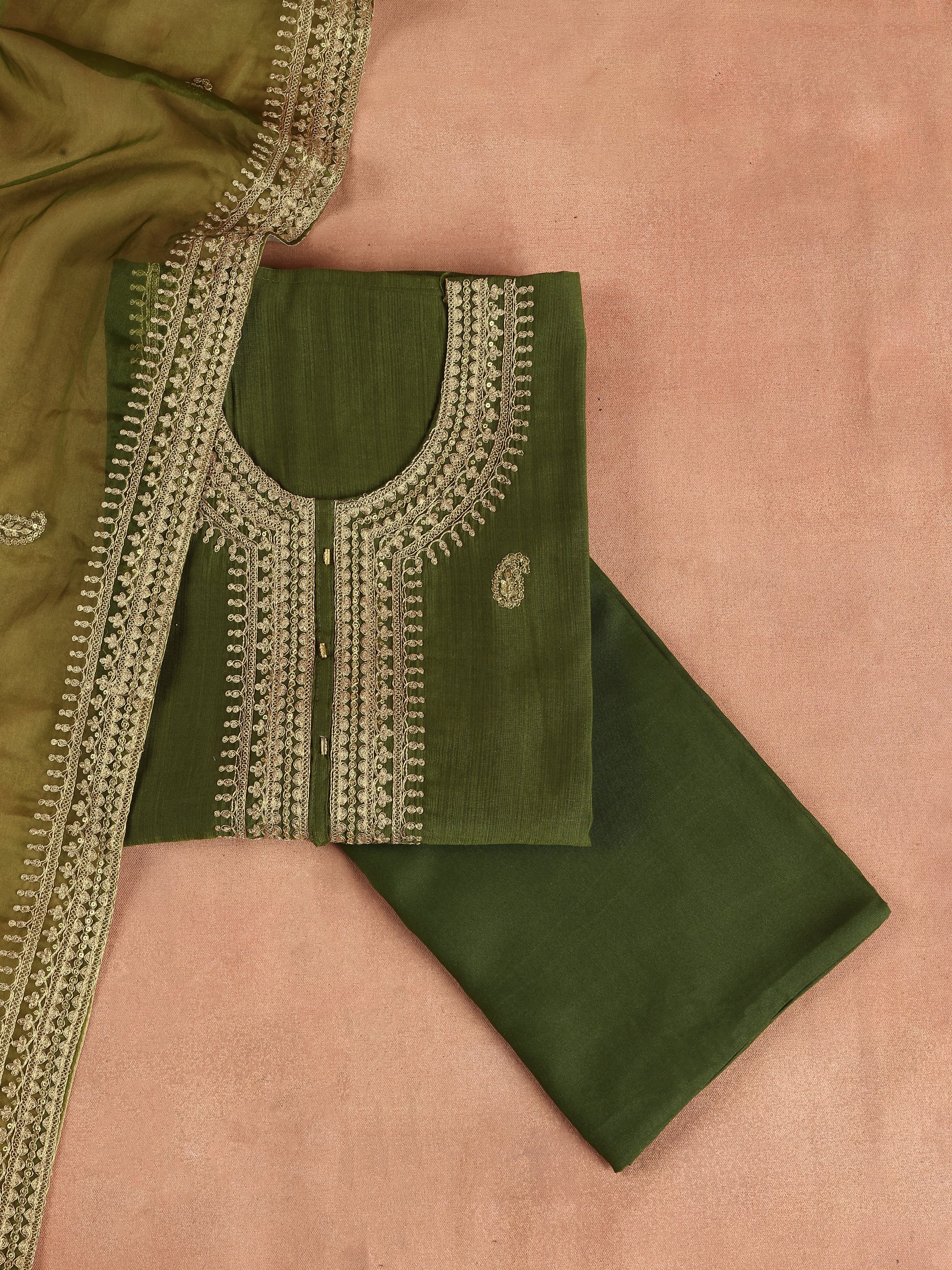 Olive Embroidered Cotton Blend Unstitched Suit Set