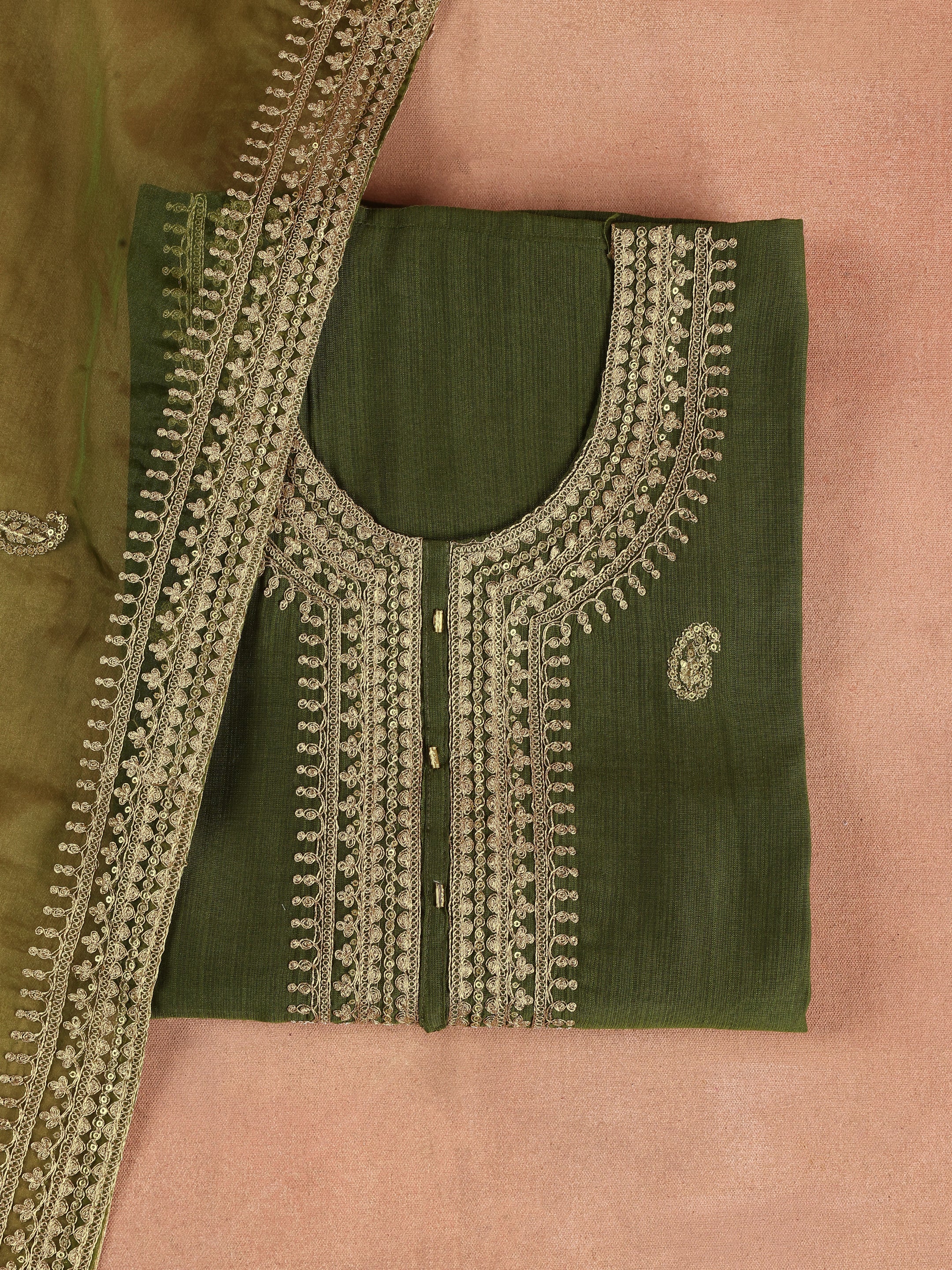 Olive Embroidered Cotton Blend Unstitched Suit Set