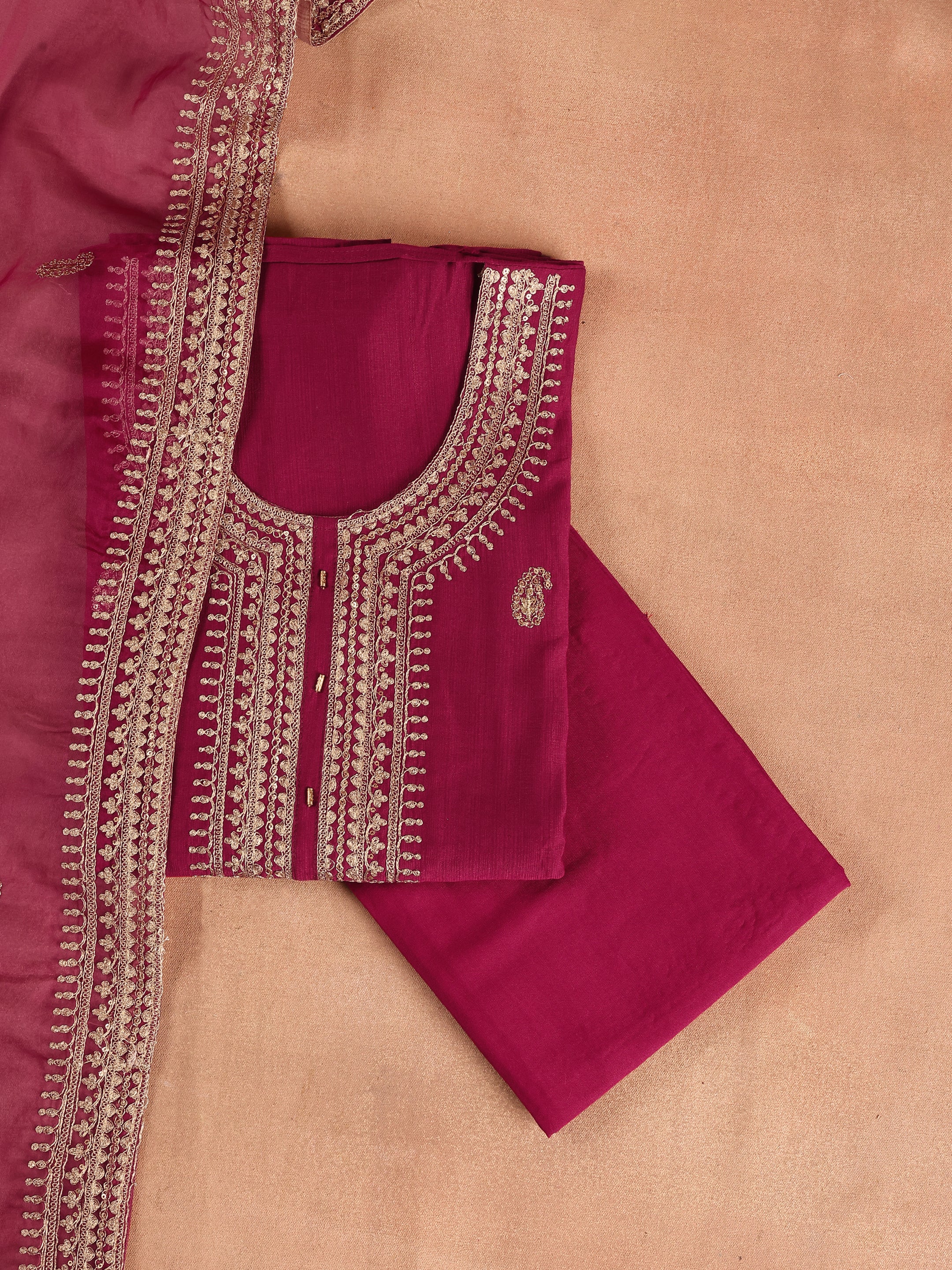 Maroon Embroidered Cotton Blend Unstitched Suit Set