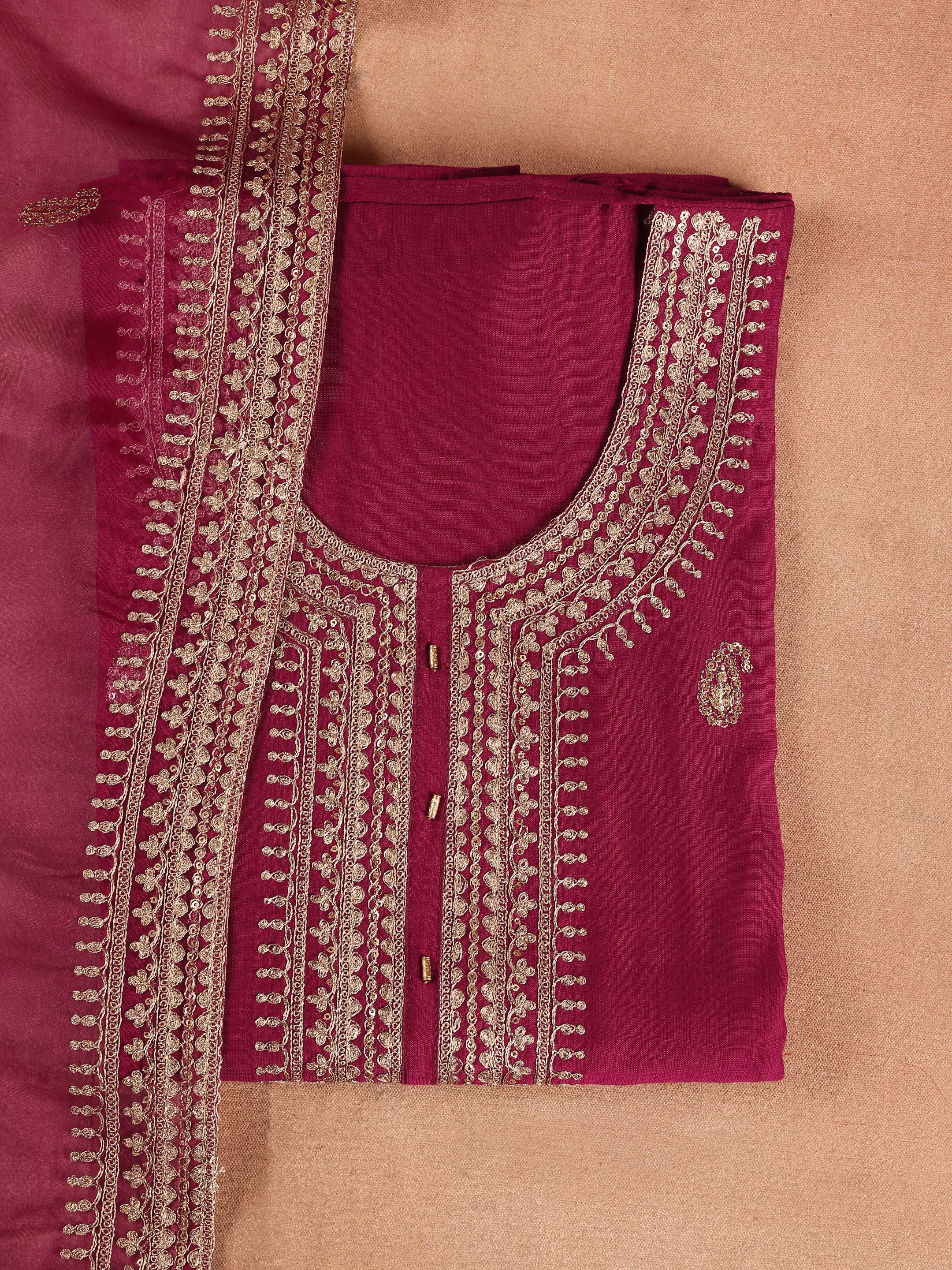 Maroon Embroidered Cotton Blend Unstitched Suit Set