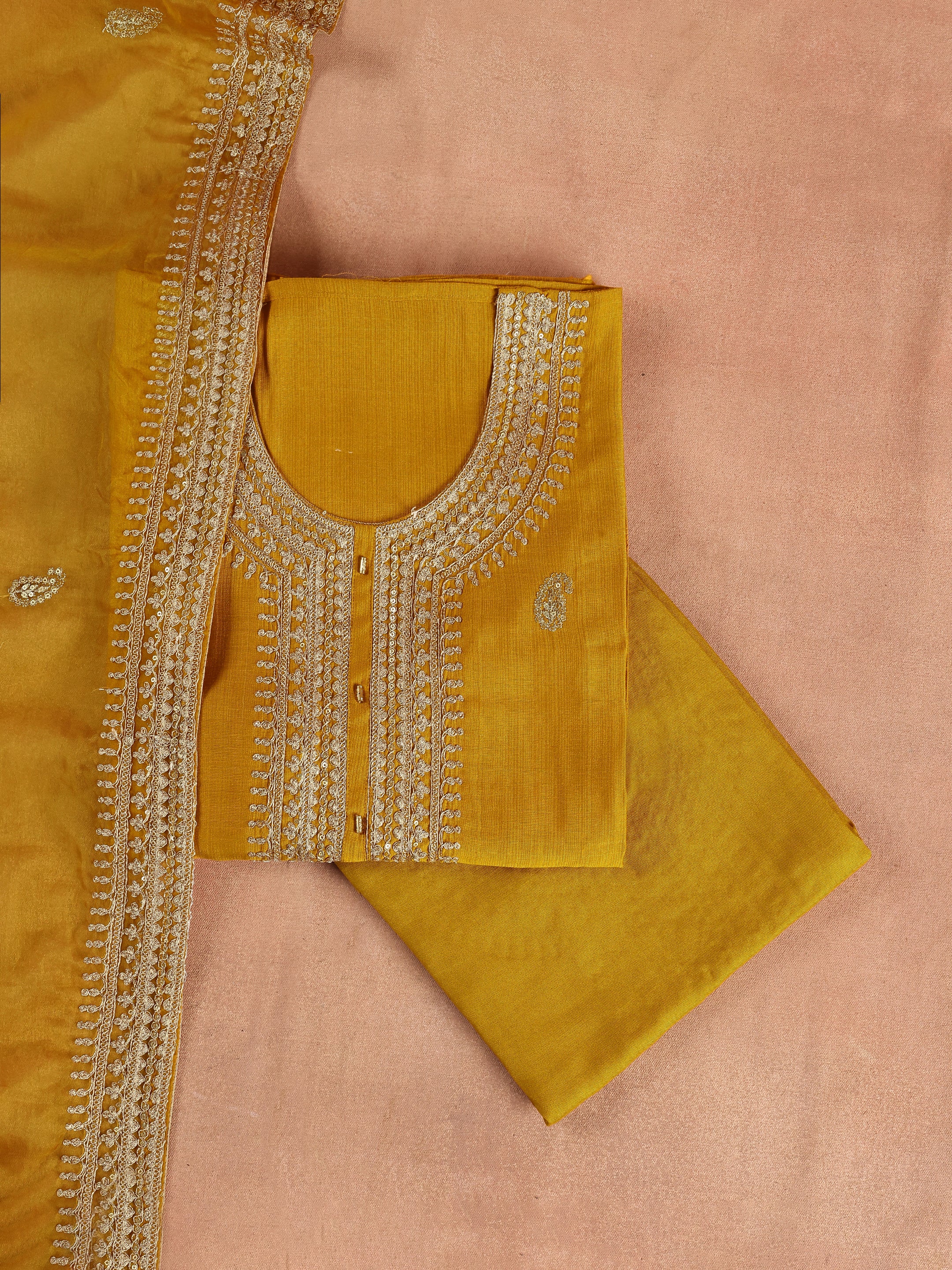 Mustard Embroidered Cotton Blend Unstitched Suit Set