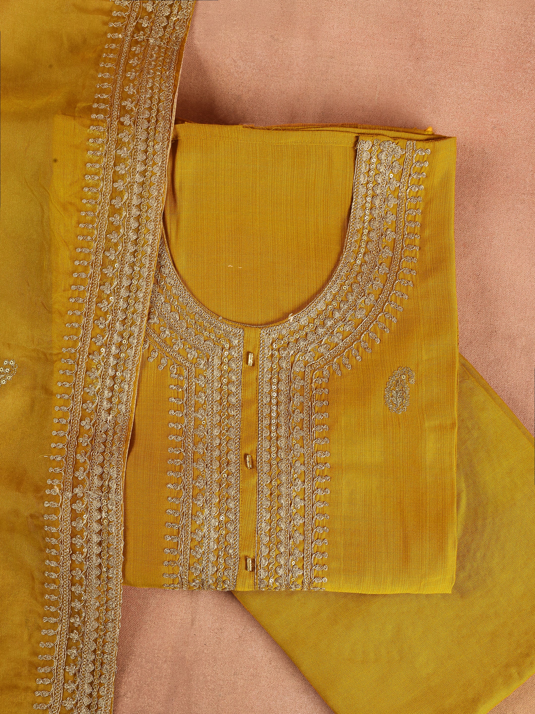 Mustard Embroidered Cotton Blend Unstitched Suit Set