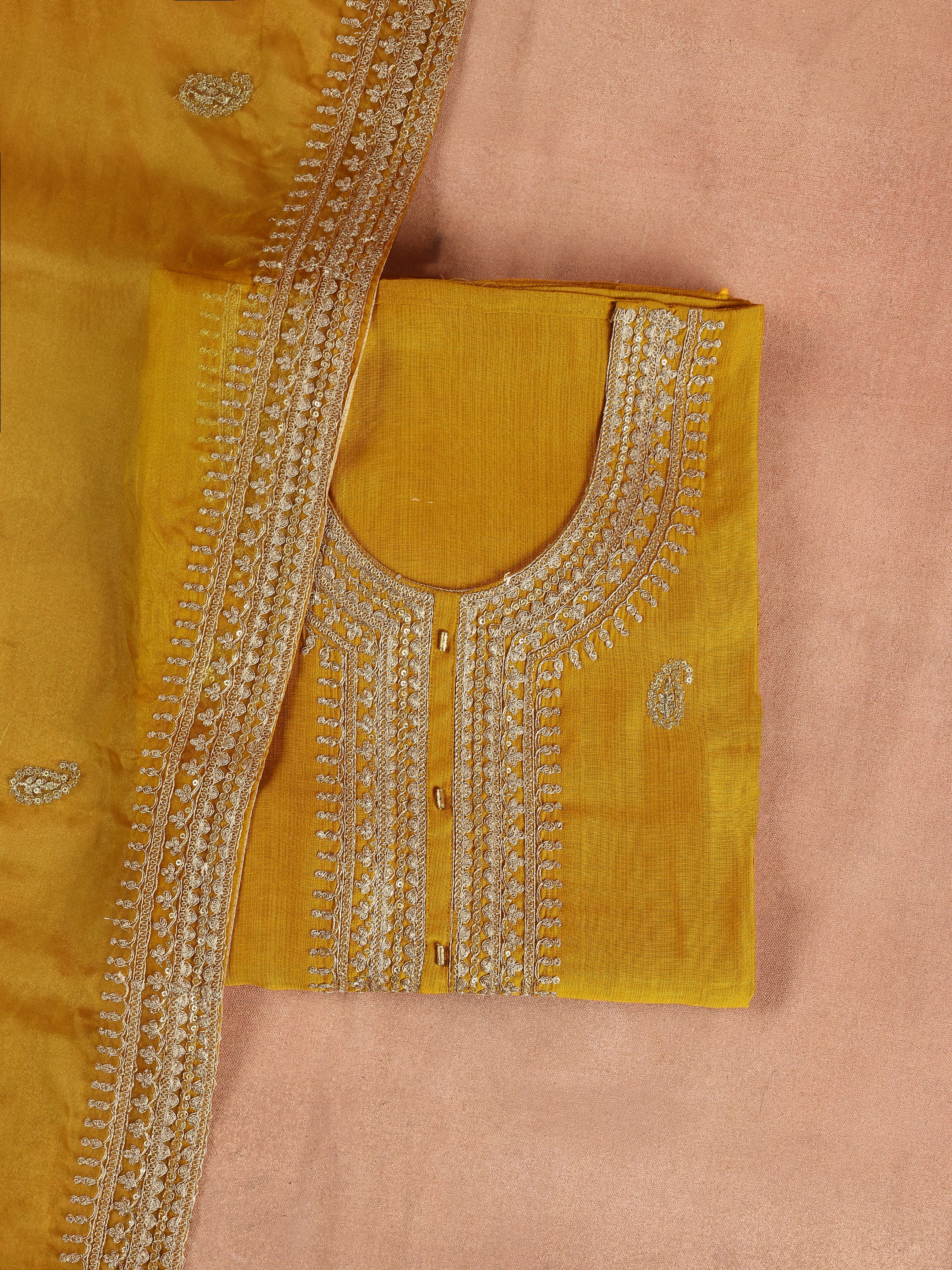 Mustard Embroidered Cotton Blend Unstitched Suit Set