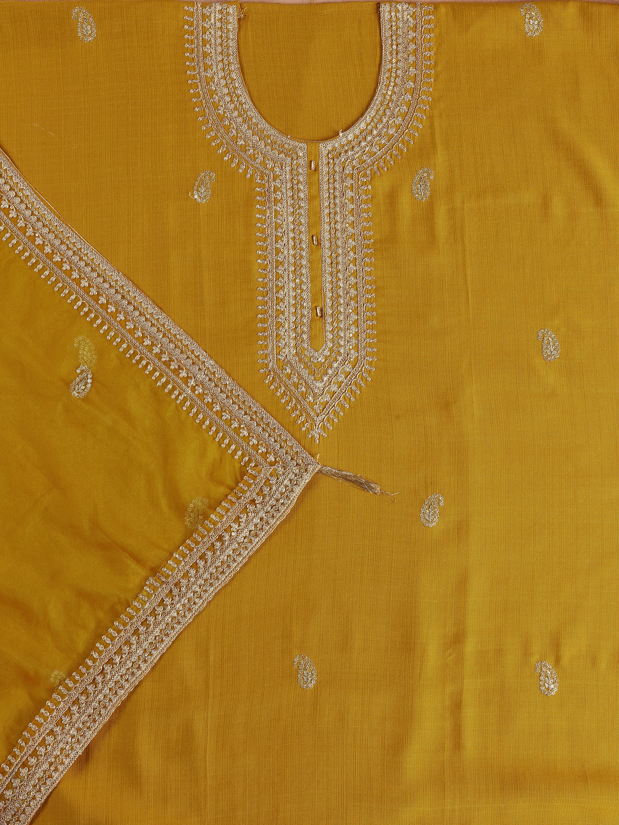 Mustard Embroidered Cotton Blend Unstitched Suit Set