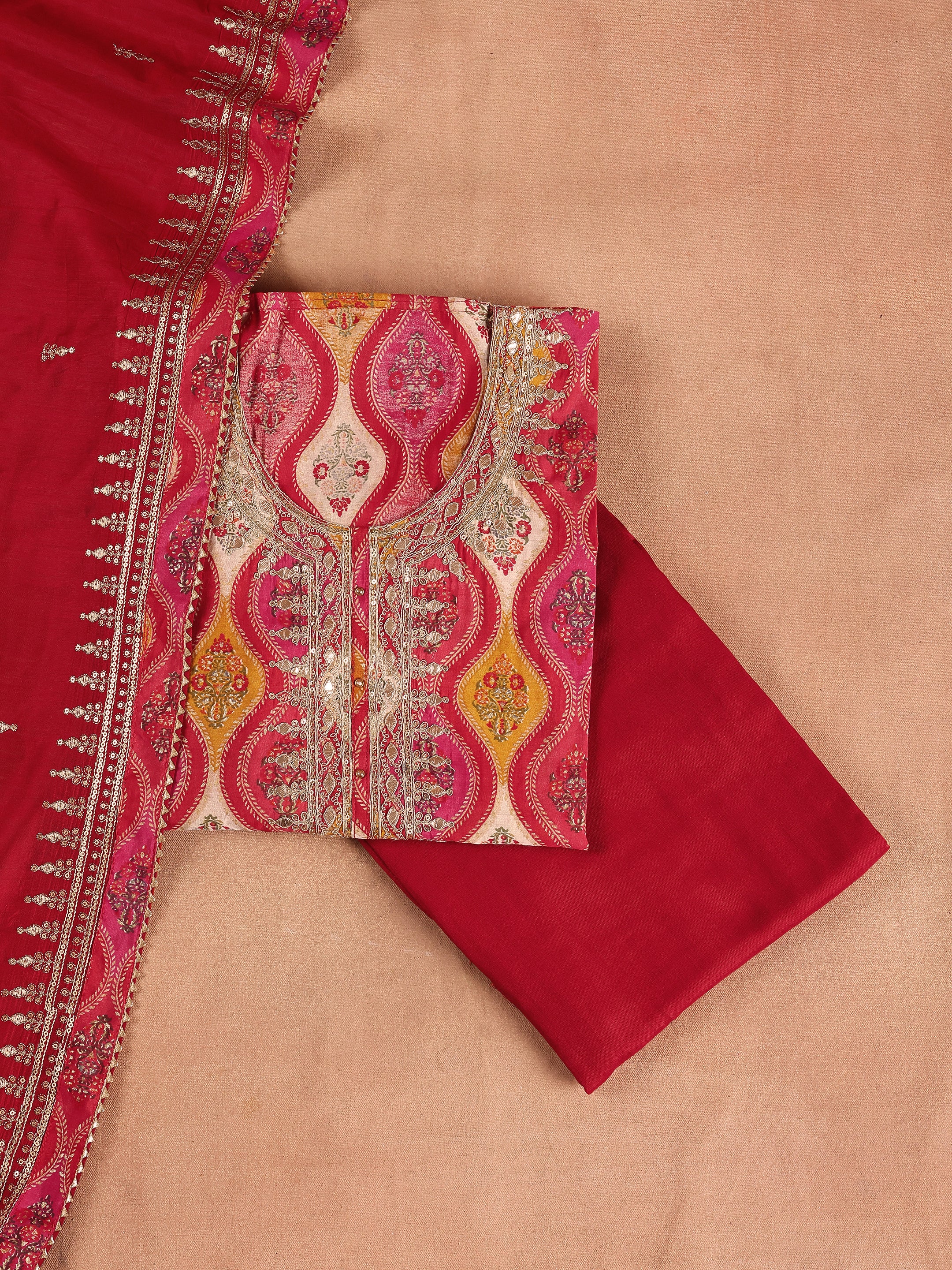 Red Printed Silk Blend Unstitched Suit Set