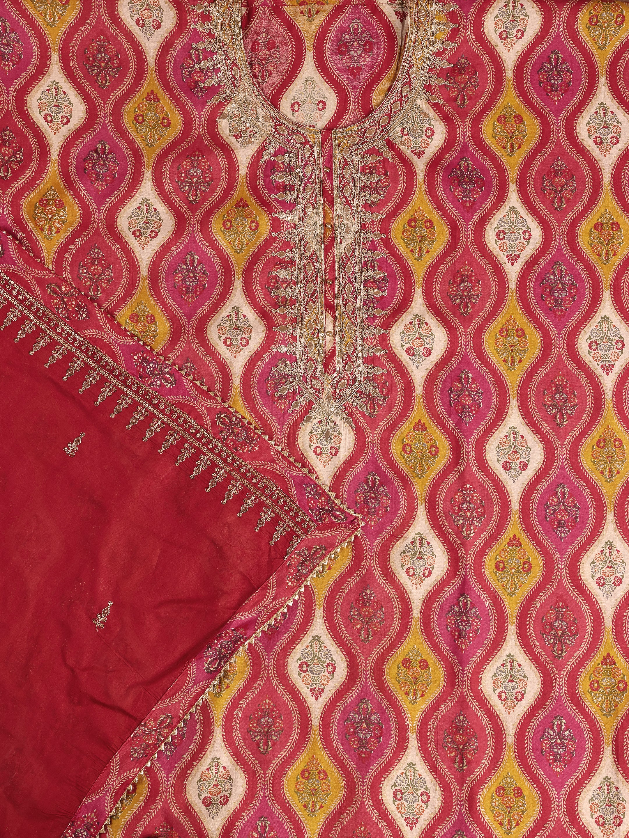 Red Printed Silk Blend Unstitched Suit Set