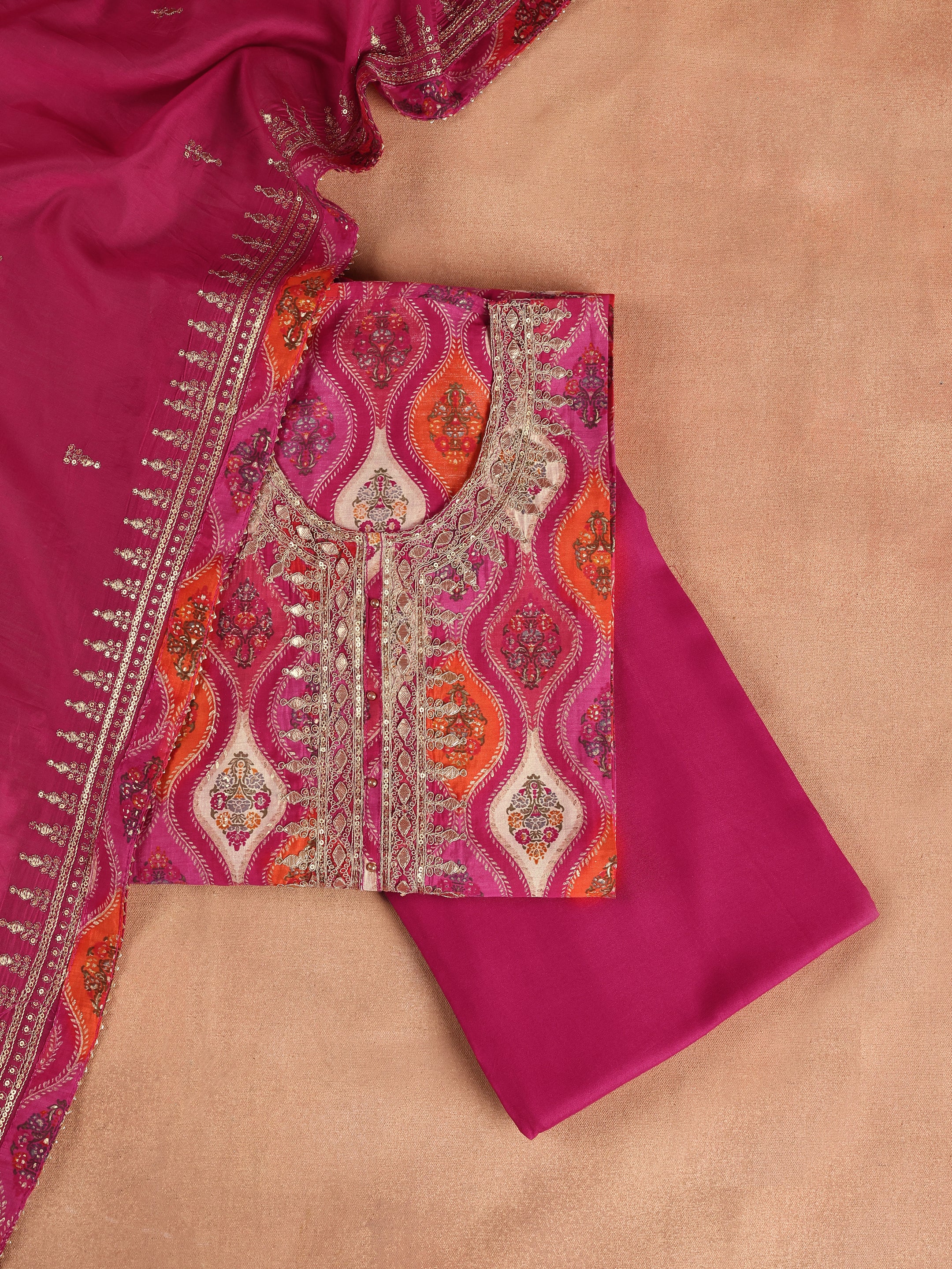 Pink Printed Silk Blend Unstitched Suit Set