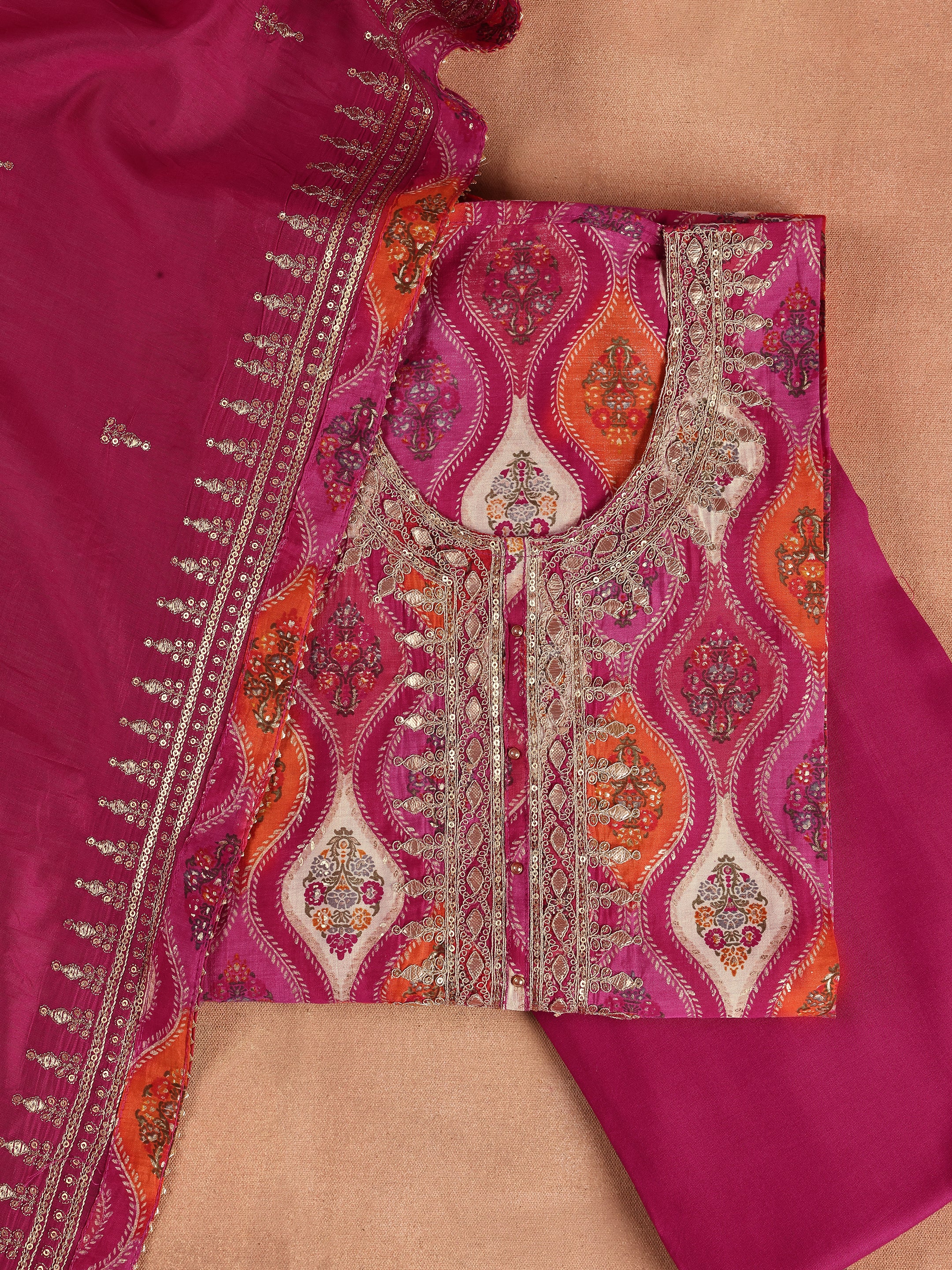 Pink Printed Silk Blend Unstitched Suit Set