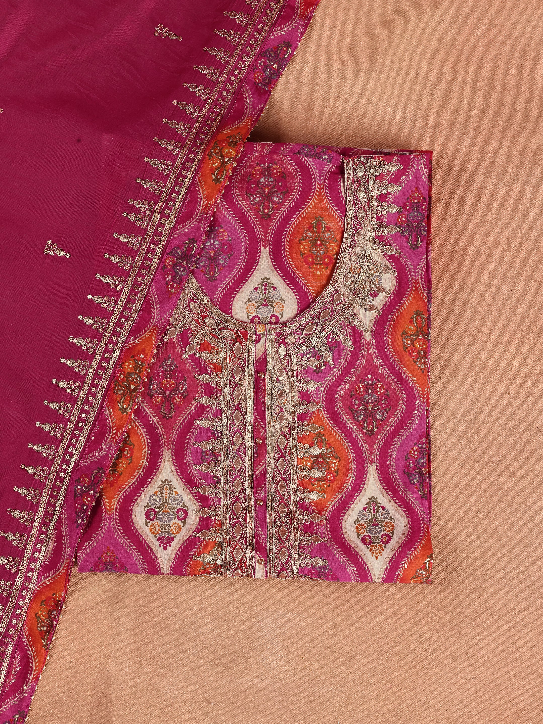 Pink Printed Silk Blend Unstitched Suit Set