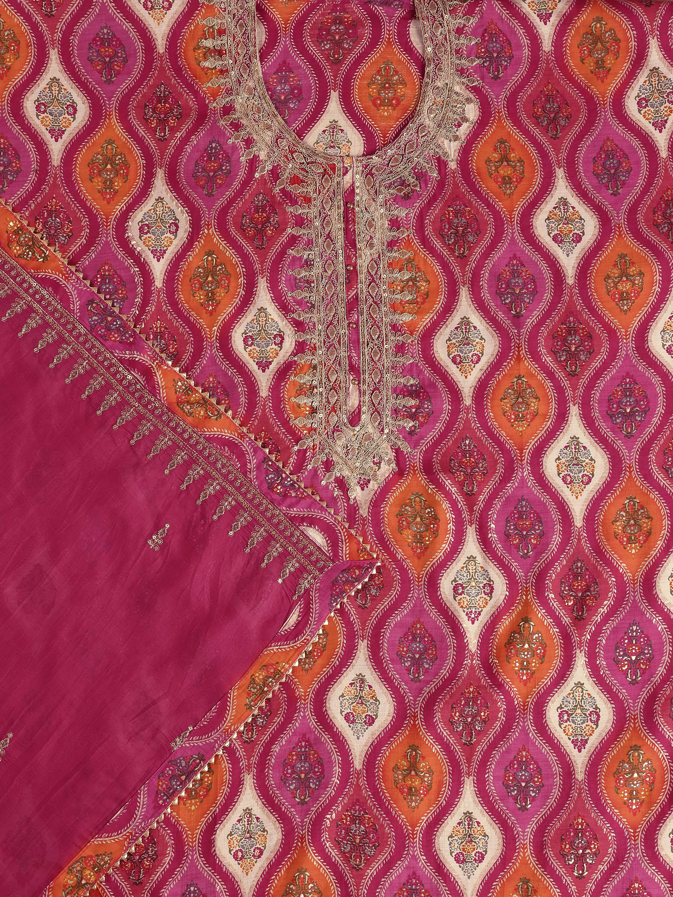 Pink Printed Silk Blend Unstitched Suit Set