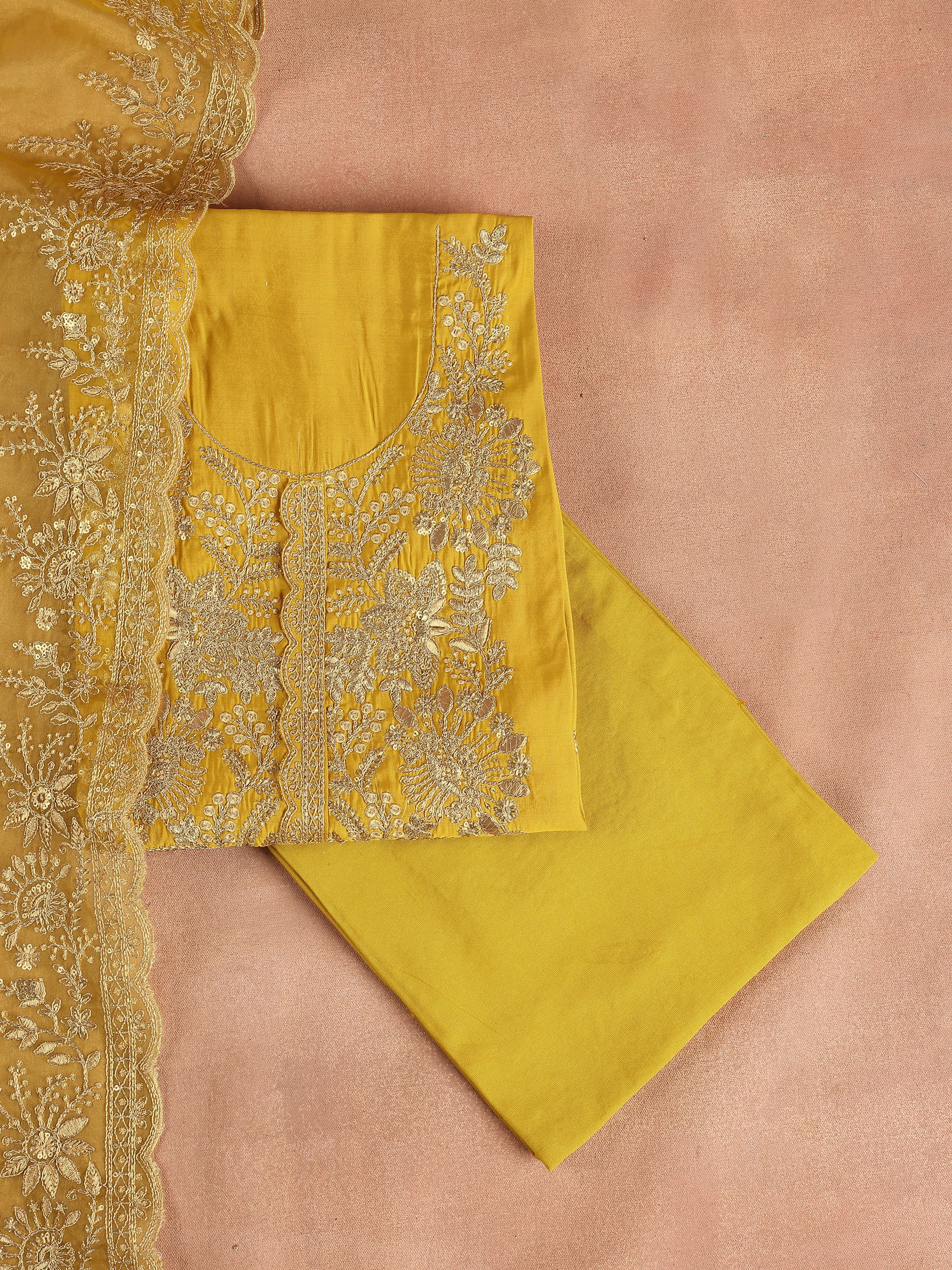 Mustard Embroidered Silk Blend Unstitched Suit Set