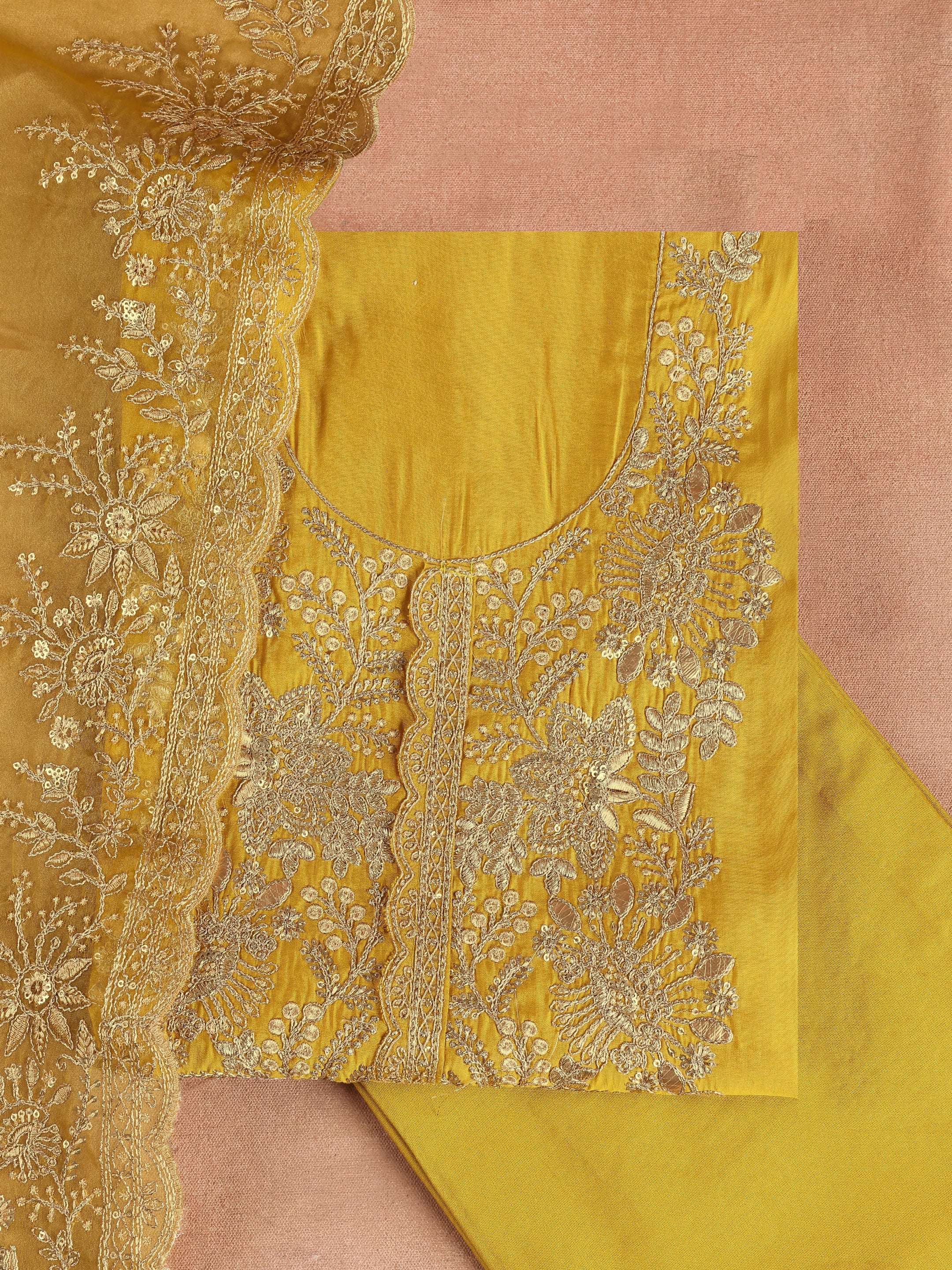 Mustard Embroidered Silk Blend Unstitched Suit Set