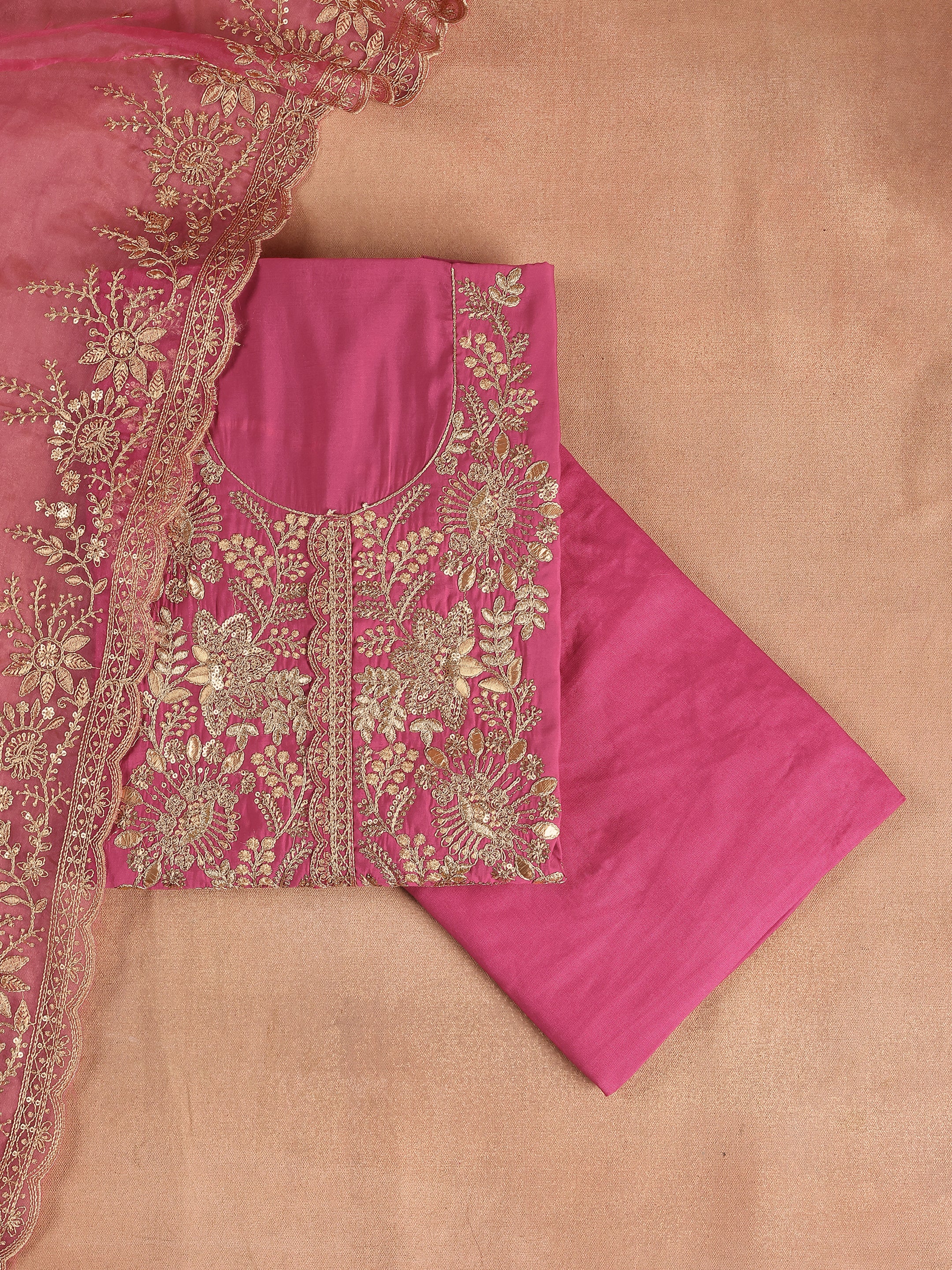 Pink Embroidered Silk Blend Unstitched Suit Set