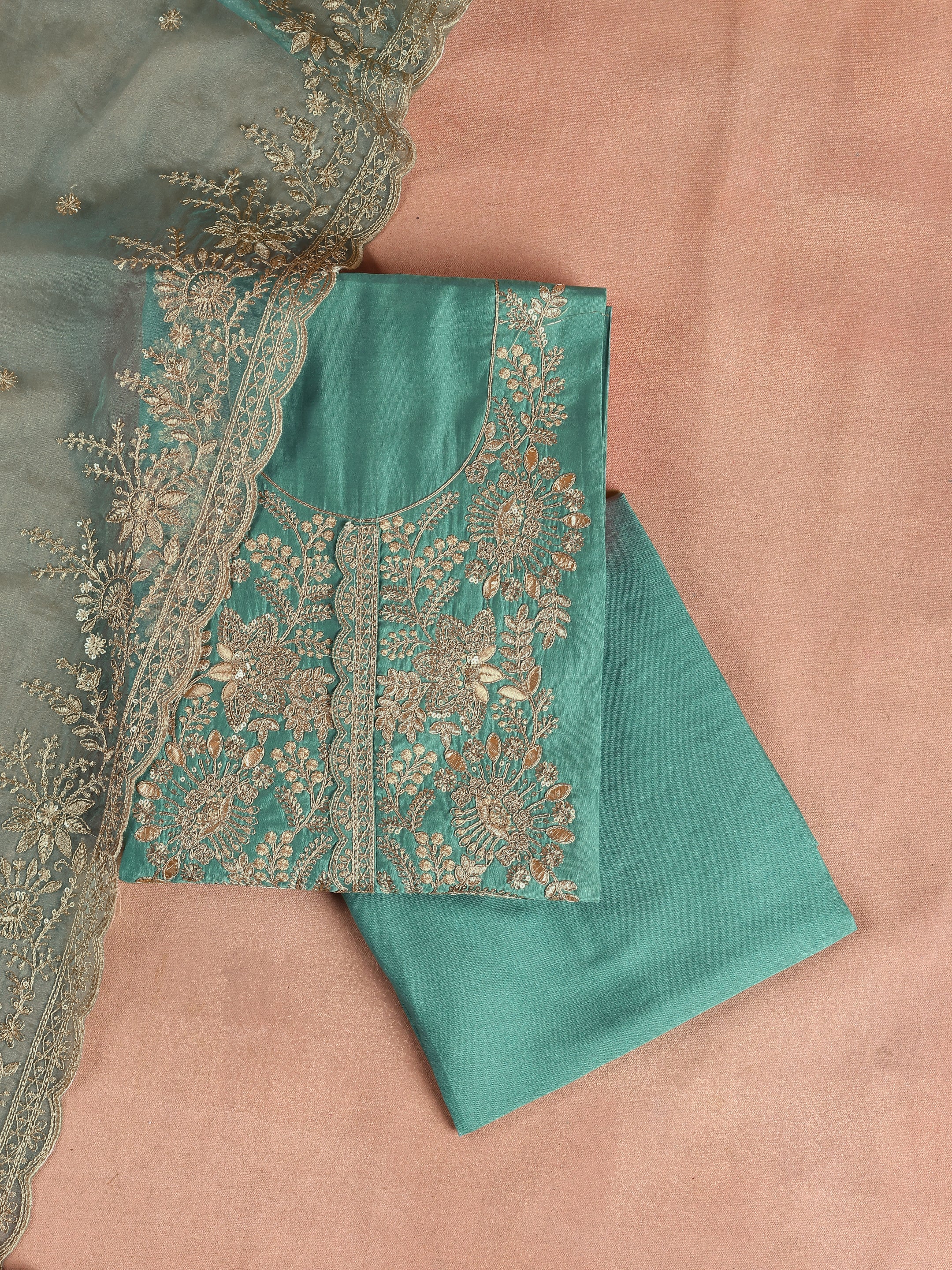 Green Embroidered Silk Blend Unstitched Suit Set