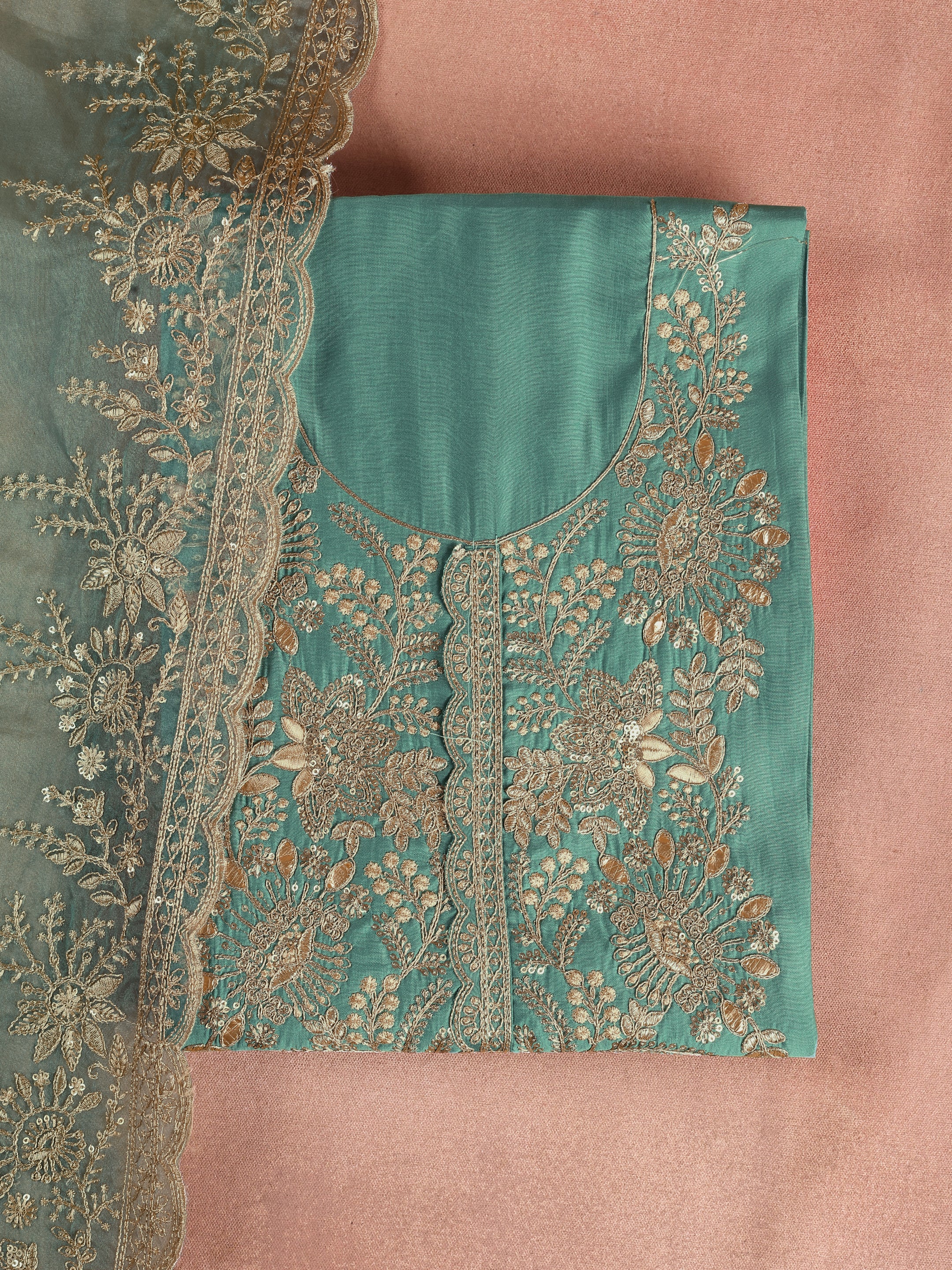 Green Embroidered Silk Blend Unstitched Suit Set