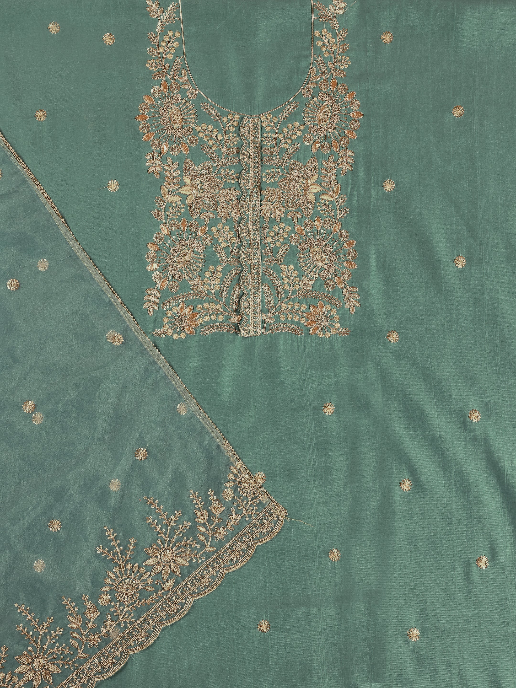 Green Embroidered Silk Blend Unstitched Suit Set