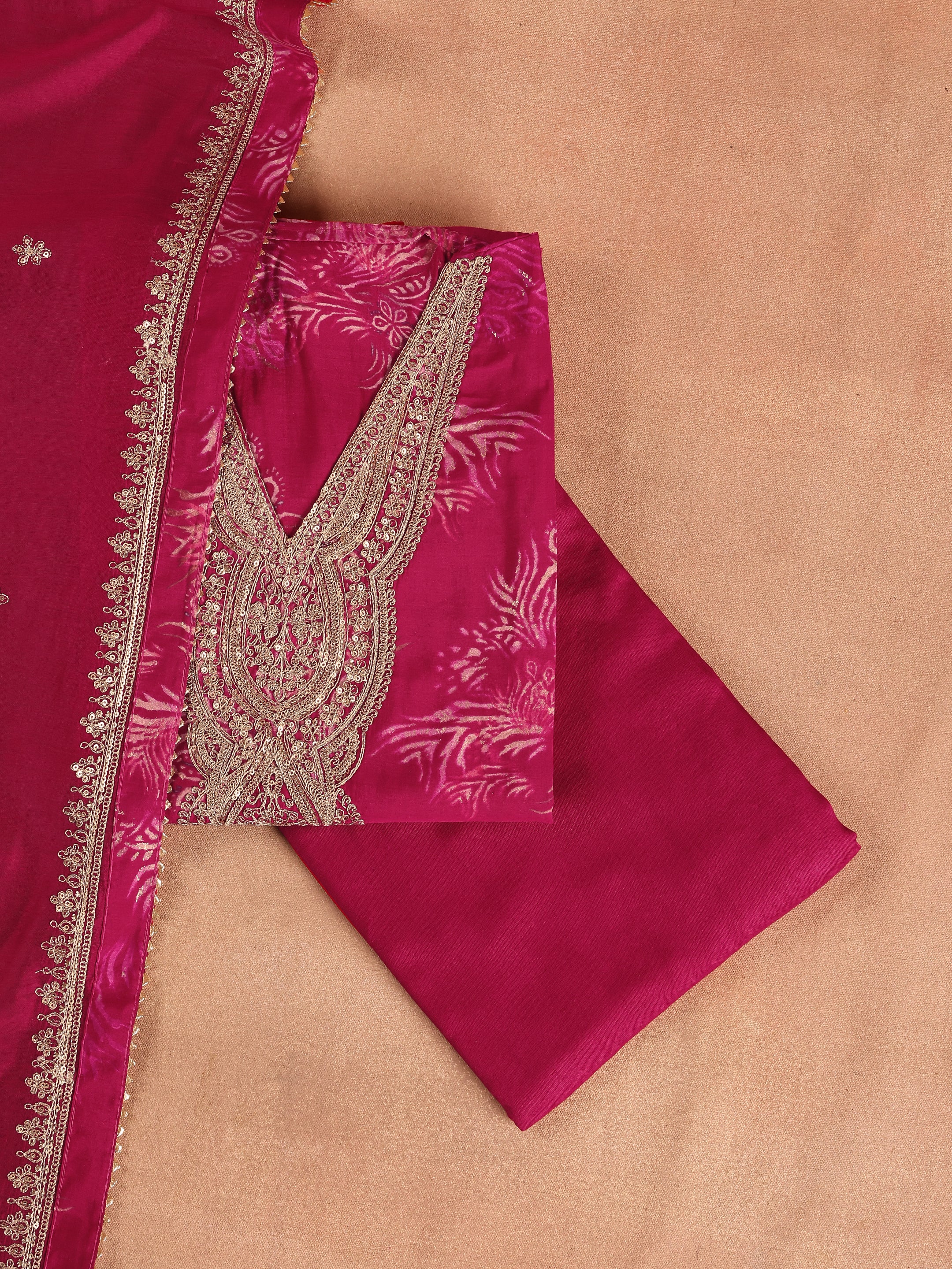 Pink Printed Silk Blend Unstitched Suit Set