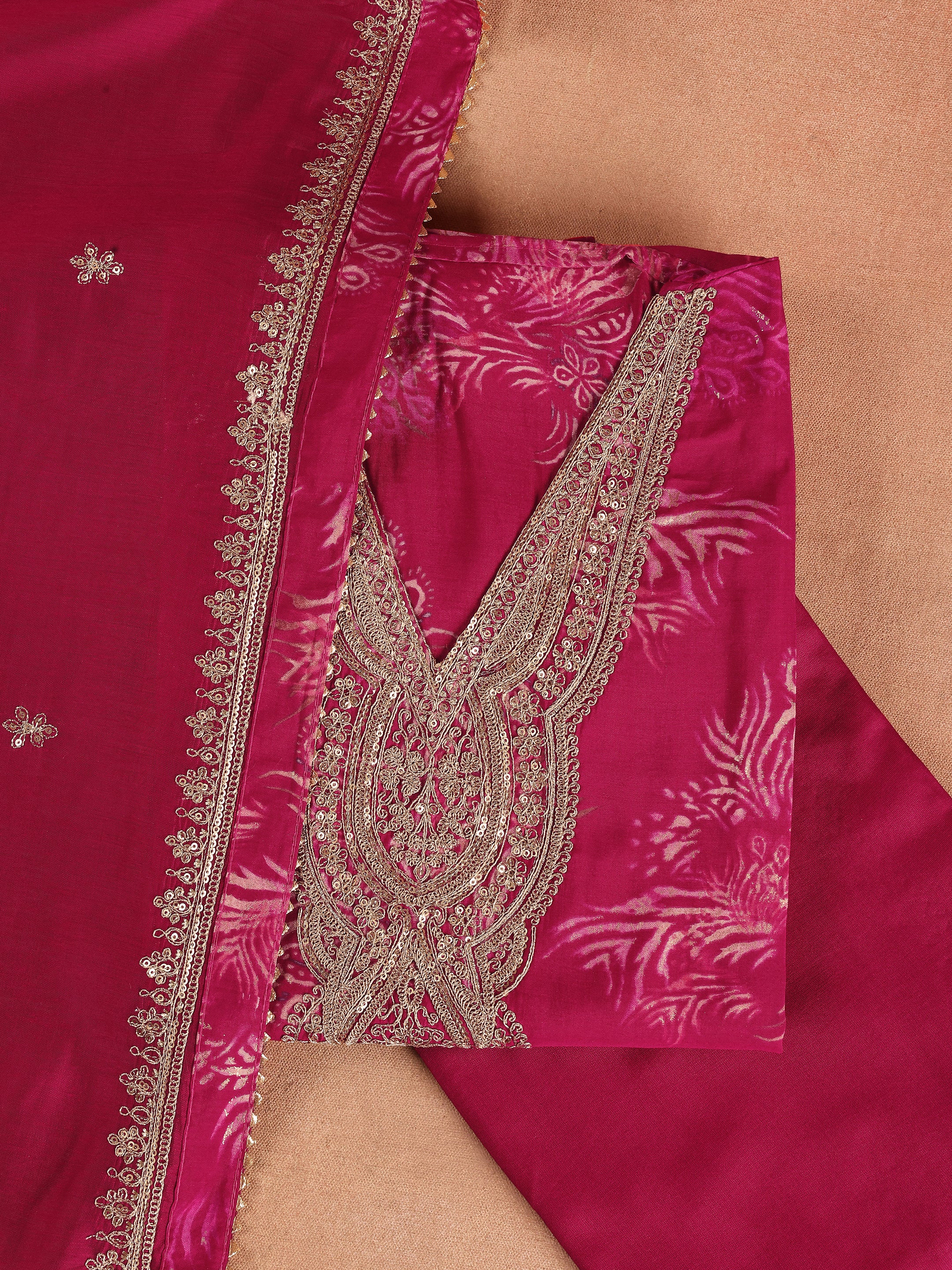 Pink Printed Silk Blend Unstitched Suit Set