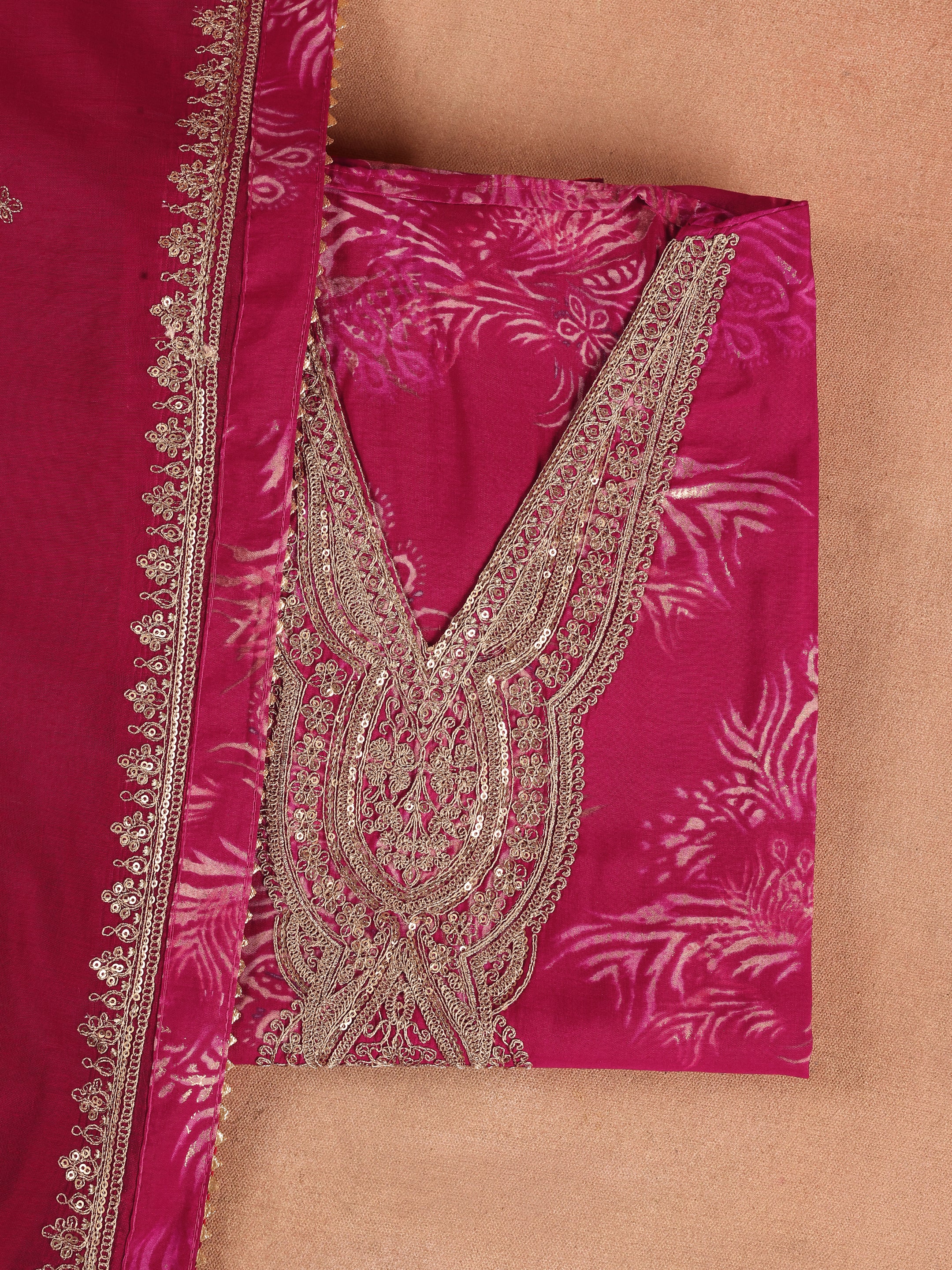 Pink Printed Silk Blend Unstitched Suit Set