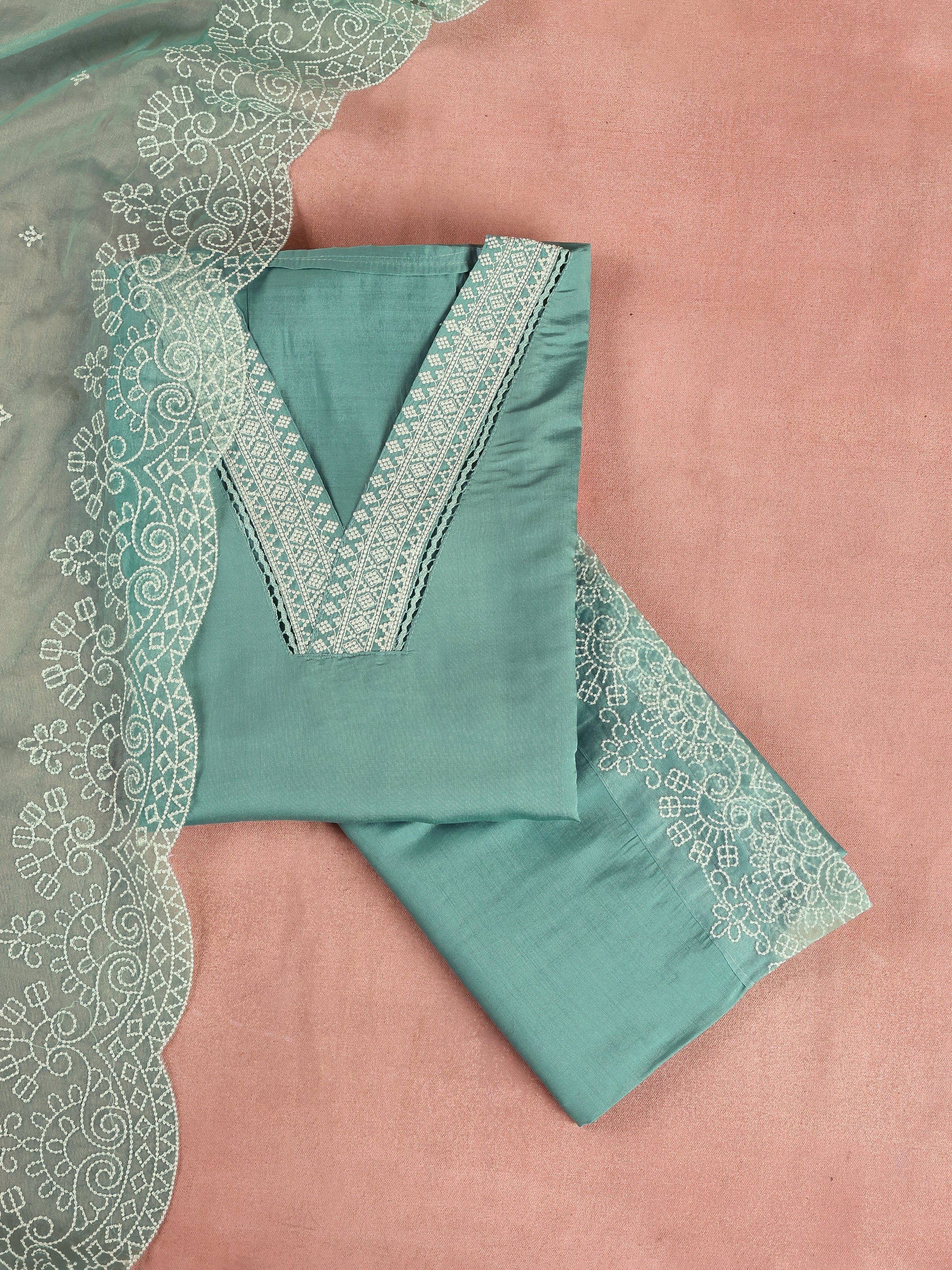 Green Embroidered Silk Blend Unstitched Suit Set