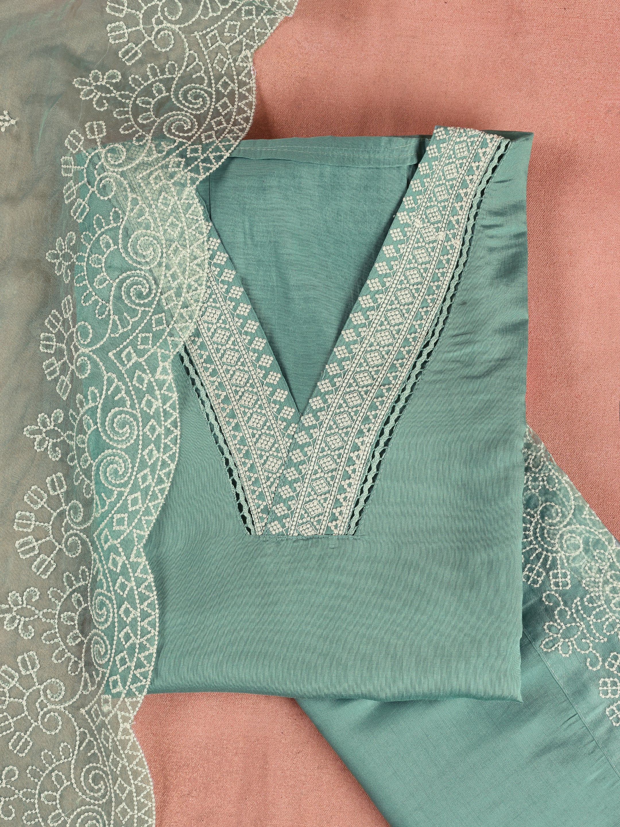 Green Embroidered Silk Blend Unstitched Suit Set