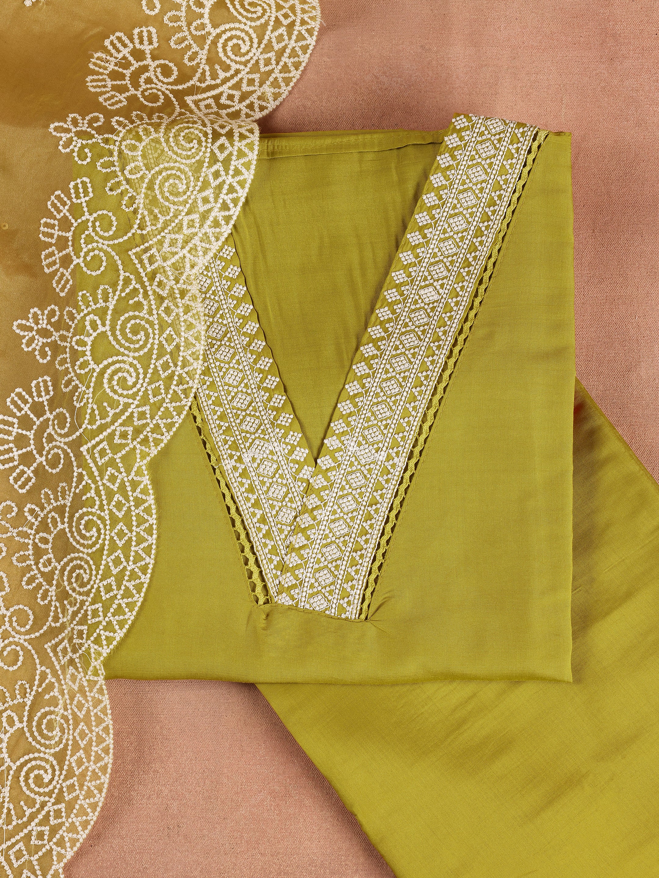 Green Embroidered Silk Blend Unstitched Suit Set