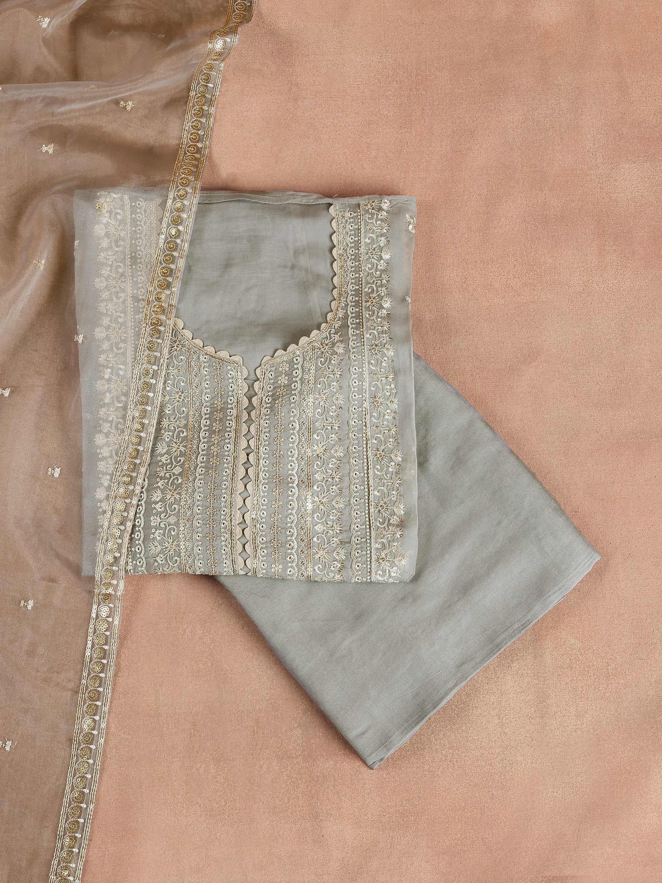 Grey Embroidered Organza Unstitched Suit Set