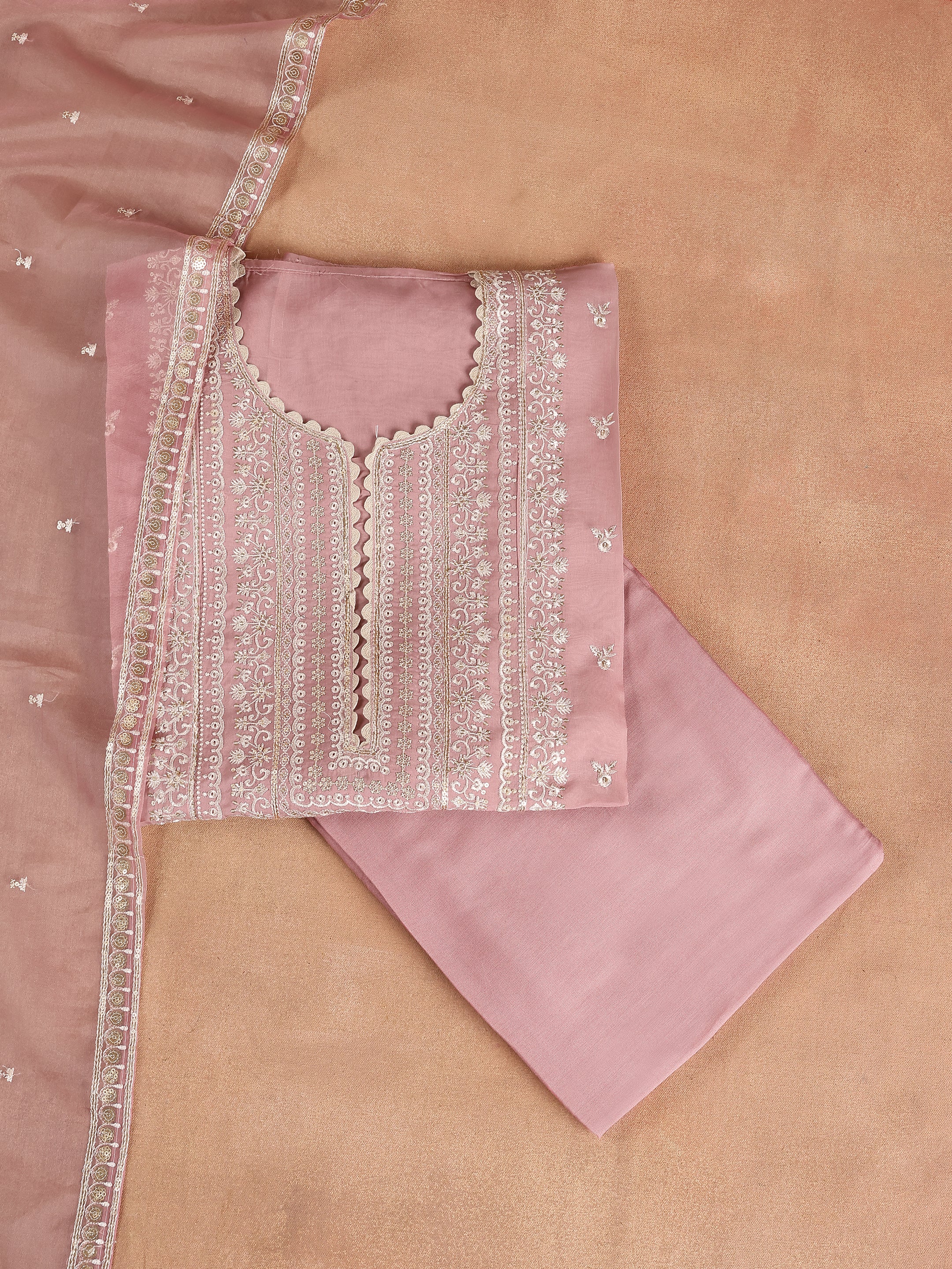 Pink Embroidered Organza Unstitched Suit Set