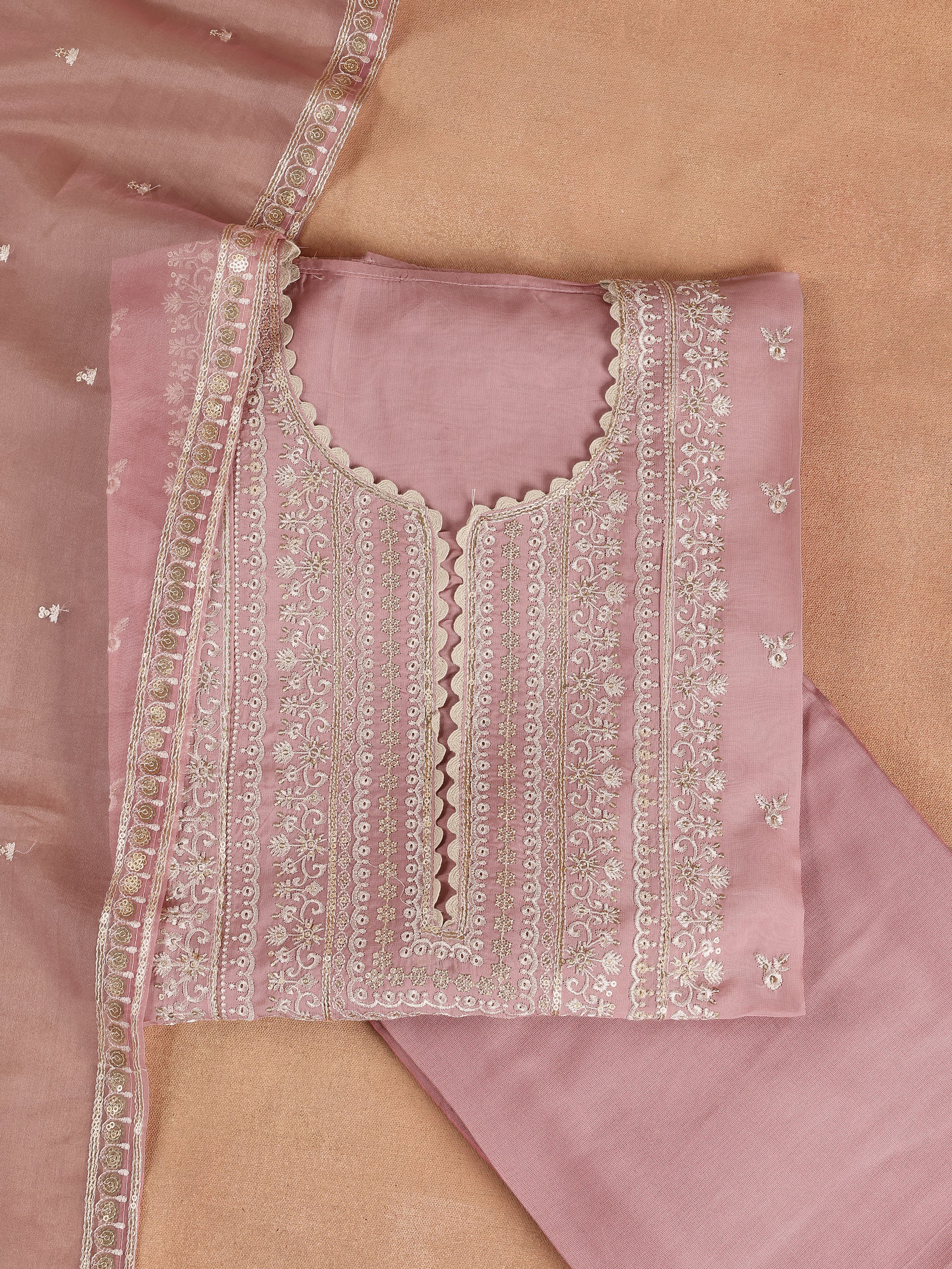 Pink Embroidered Organza Unstitched Suit Set