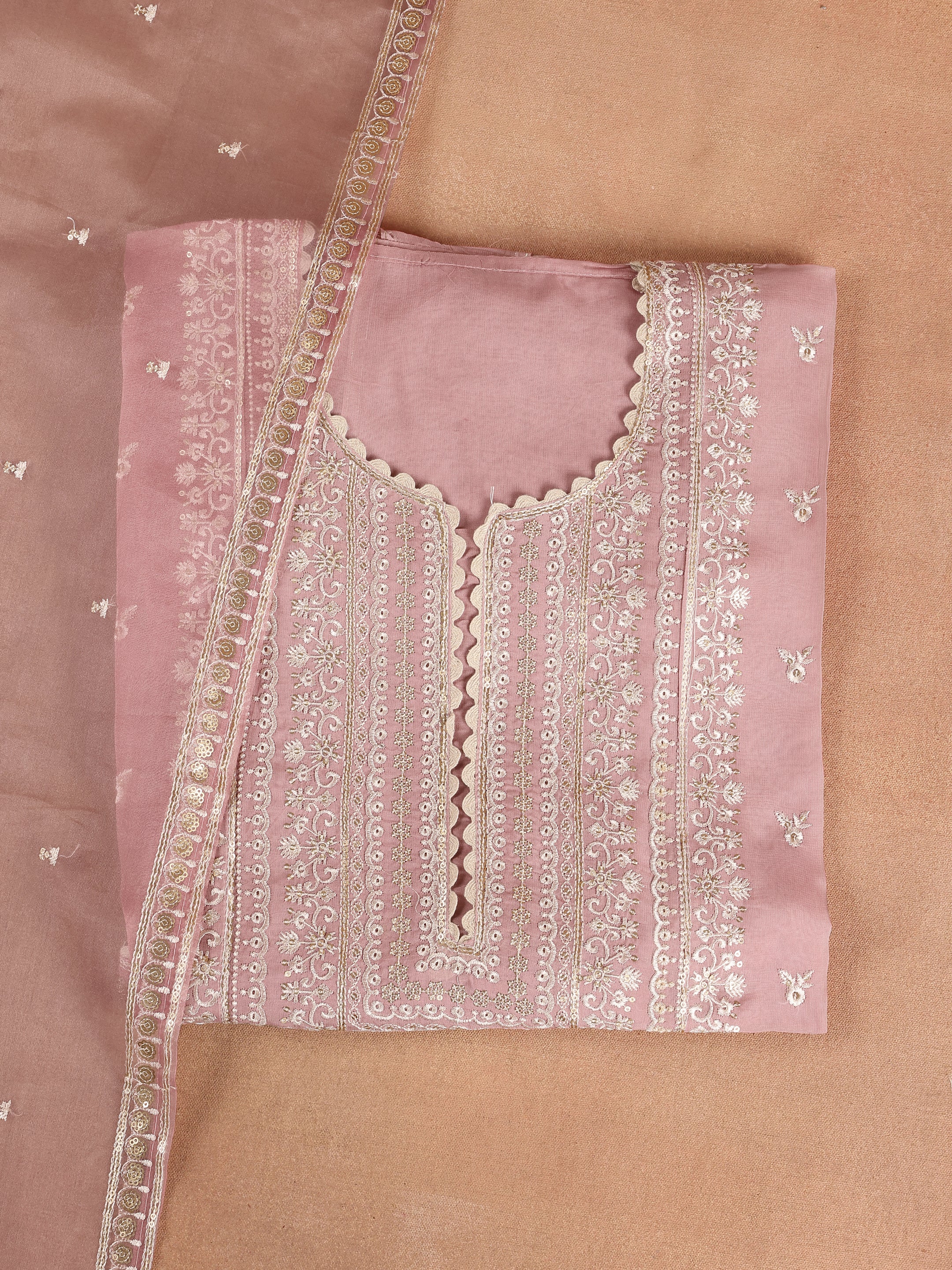 Pink Embroidered Organza Unstitched Suit Set