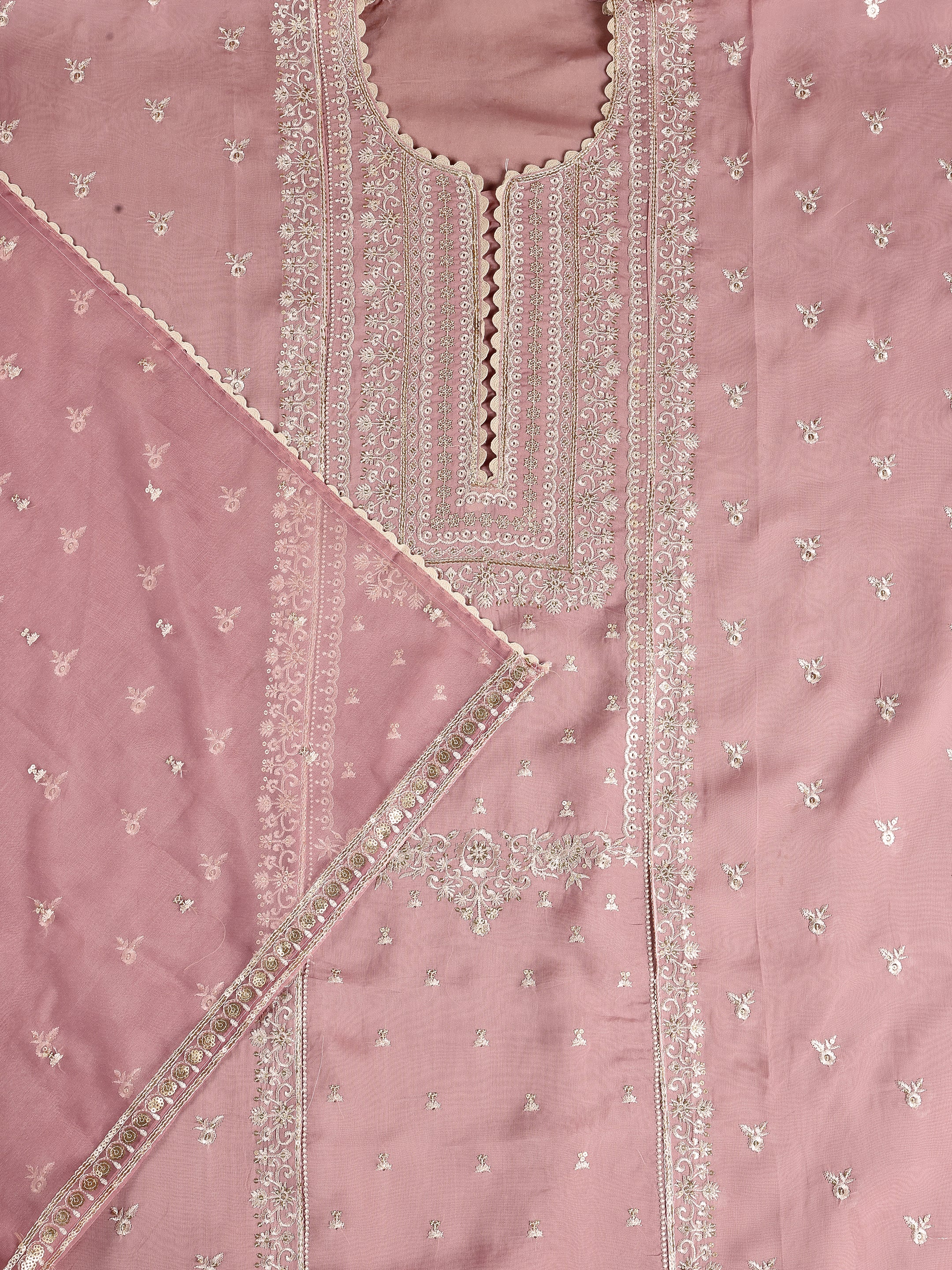 Pink Embroidered Organza Unstitched Suit Set