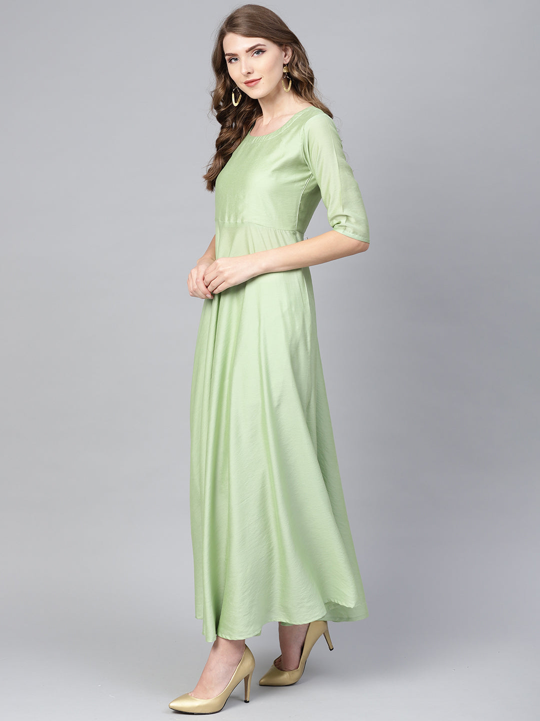 Green Solid Chanderi Silk Anarkali Kurta With Palazzos & Dupatta