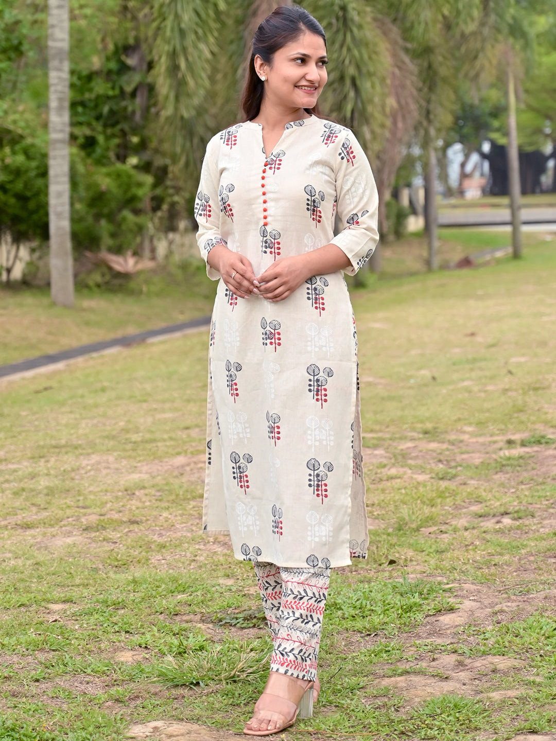 Off-White Printed Cotton Kurta Set