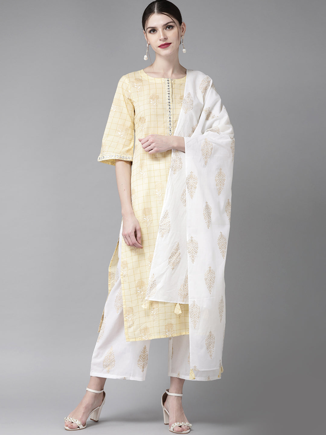 Pastel Yellow Printed Cotton Suit Set