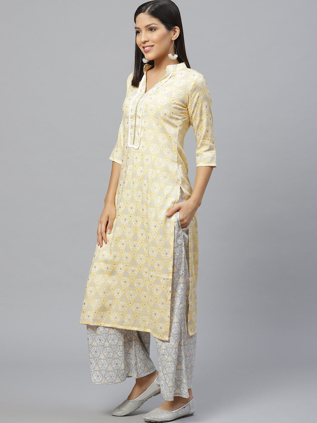 Yellow Printed Rayon Kurta Set