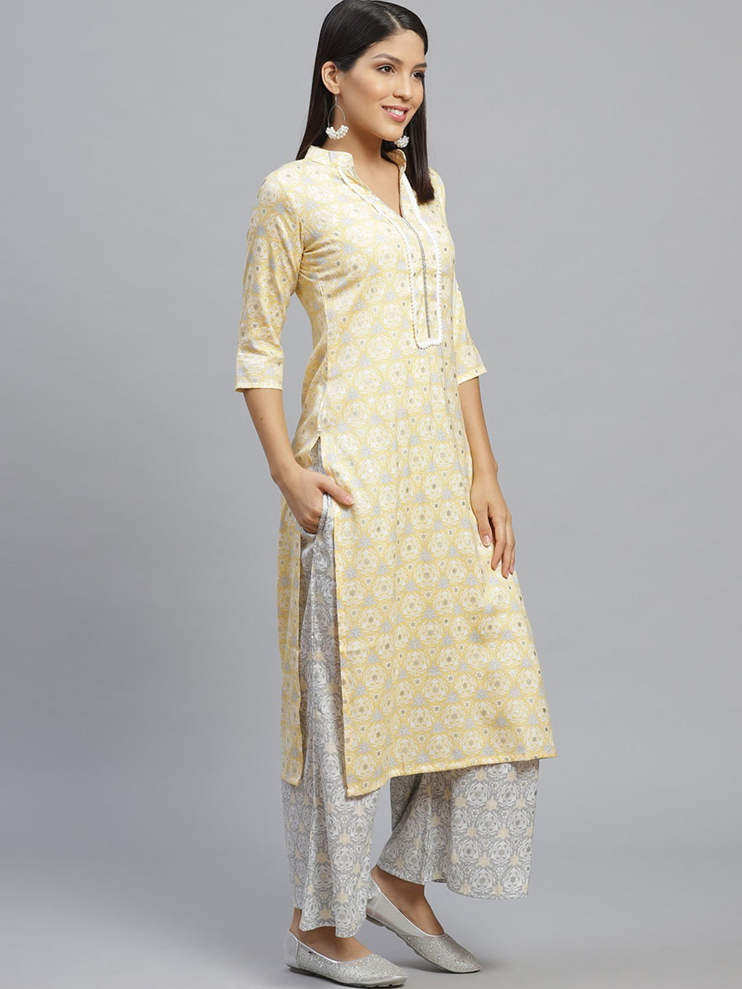 Yellow Printed Rayon Kurta Set