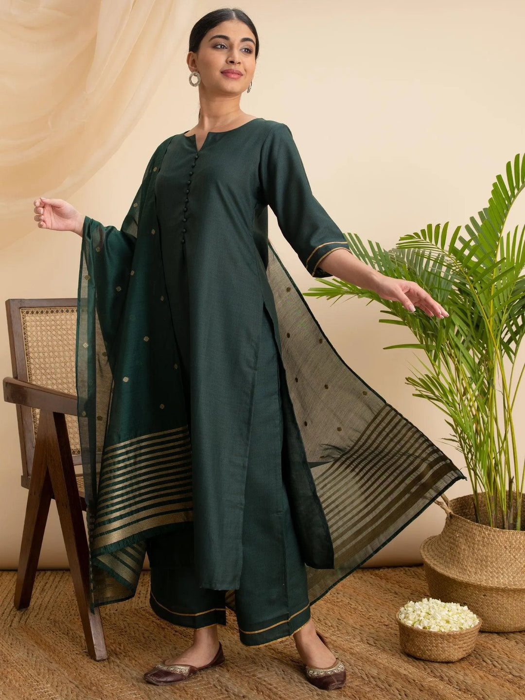 Green Solid Cotton Suit Set - ShopLibas