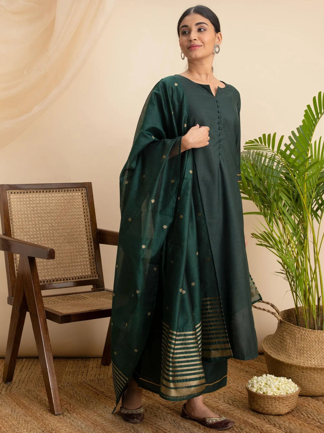 Green Solid Cotton Suit Set - ShopLibas