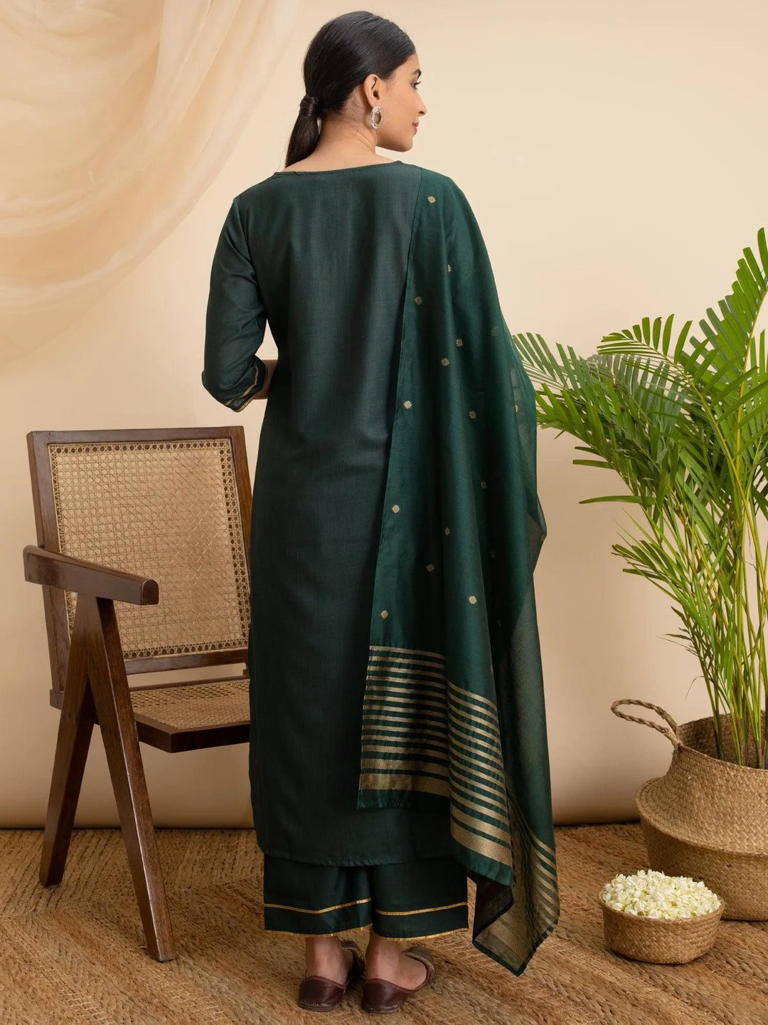 Green Solid Cotton Suit Set - ShopLibas