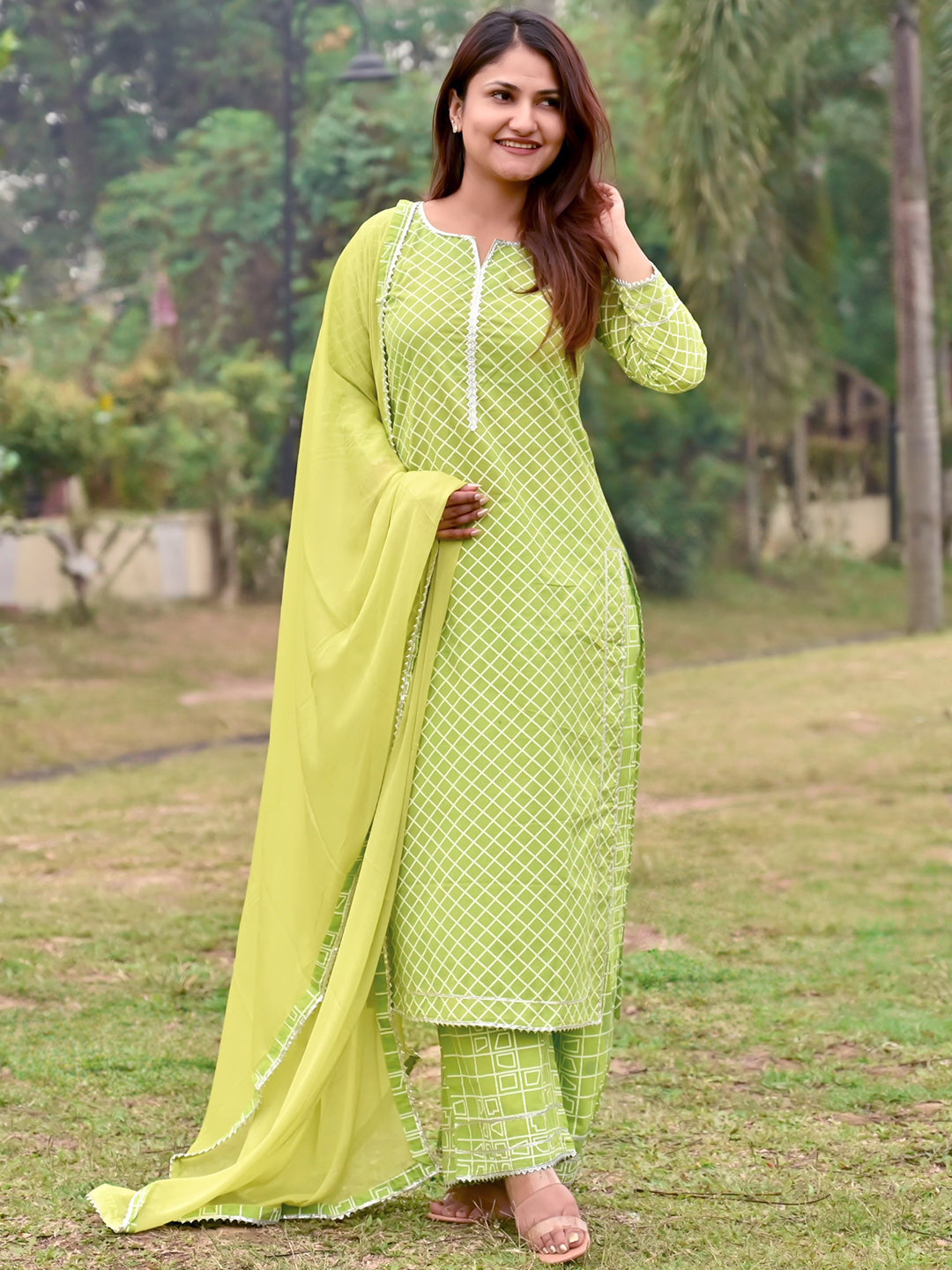 Green Printed Cotton Straight Kurta With Palazzos & Dupatta