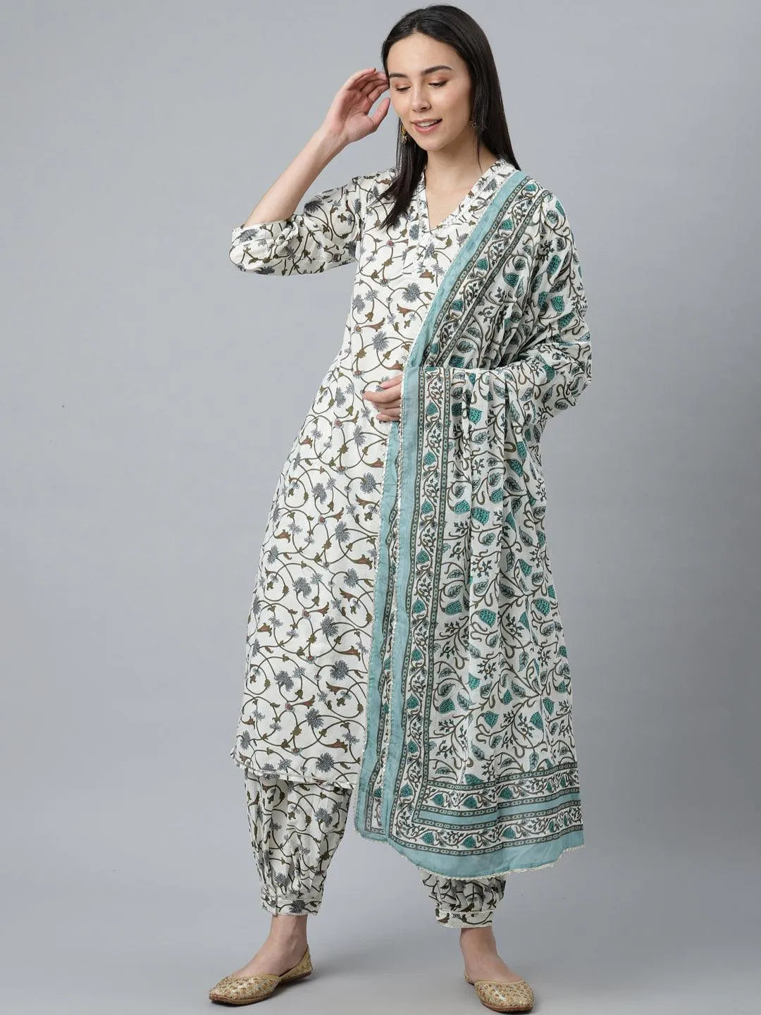 White Printed Cotton Suit Set - ShopLibas