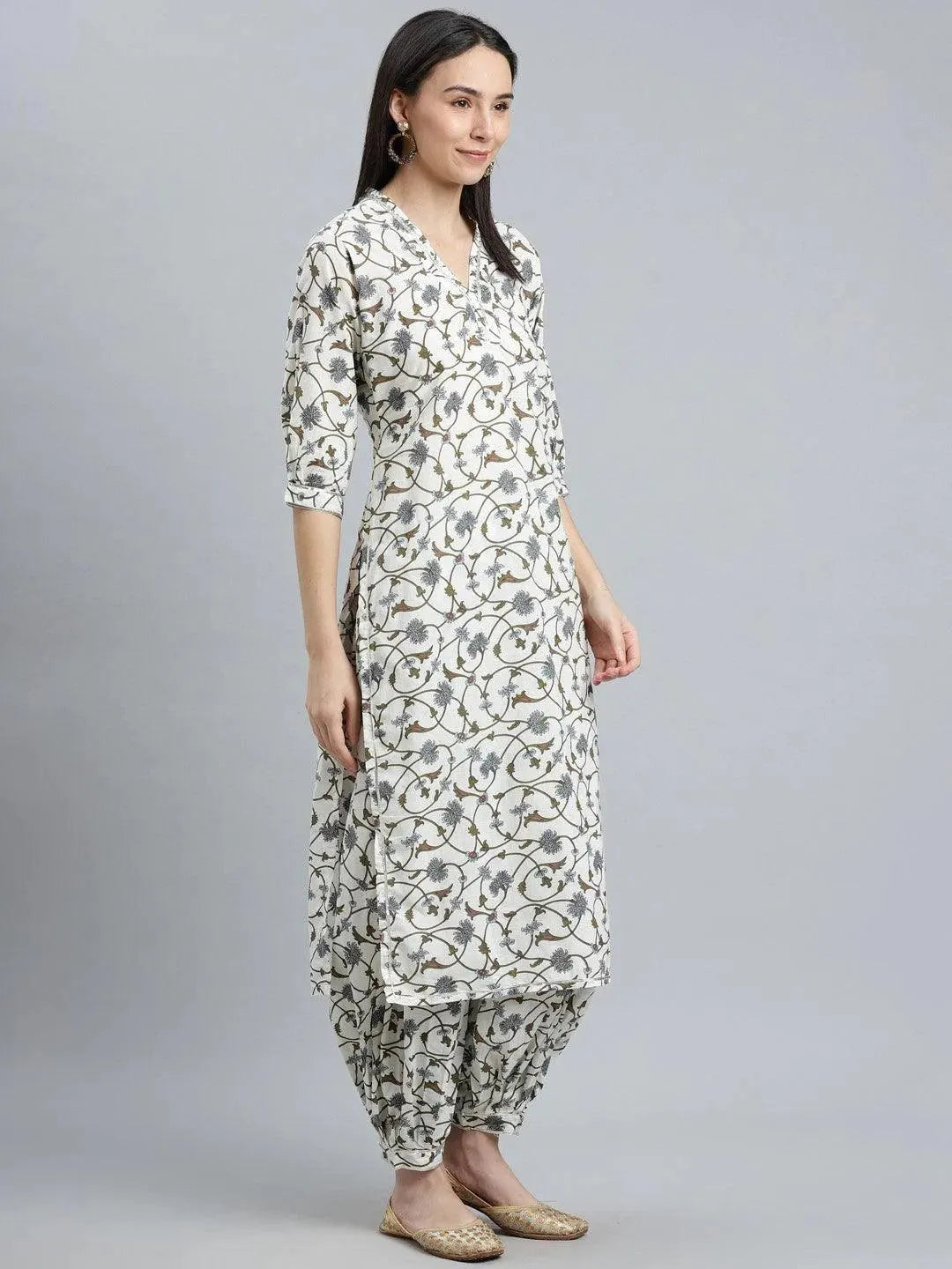 White Printed Cotton Suit Set - ShopLibas